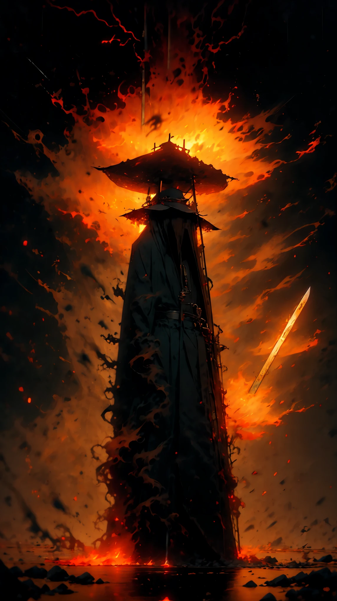 (best quality,Ultra Detailed),dark,wet,Artificial raindrops falling,Japanese samurai standing in the rain,Japanese traditional bamboo hat(fail),Dense forest landscape,Majestic and peaceful nature,Full moon shining in the night sky,Black Kimono,With fluorescent red stripes,shimmering under the moonlight,Samurai sword磨利并拉出(Samurai sword),