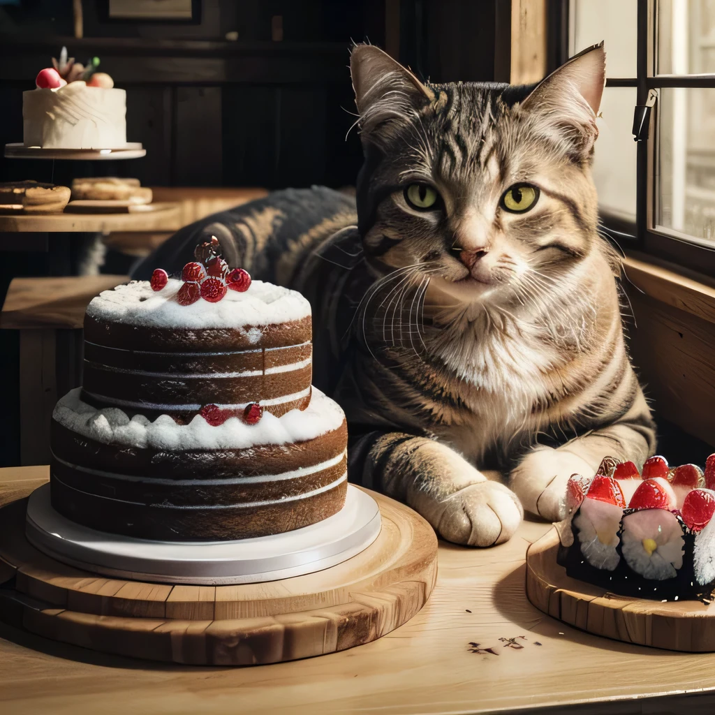 TOP quality,8K, masterpiece, (realistic:1.2), (cat:1.2), (cake shop:1.3),(sushi:1.1)