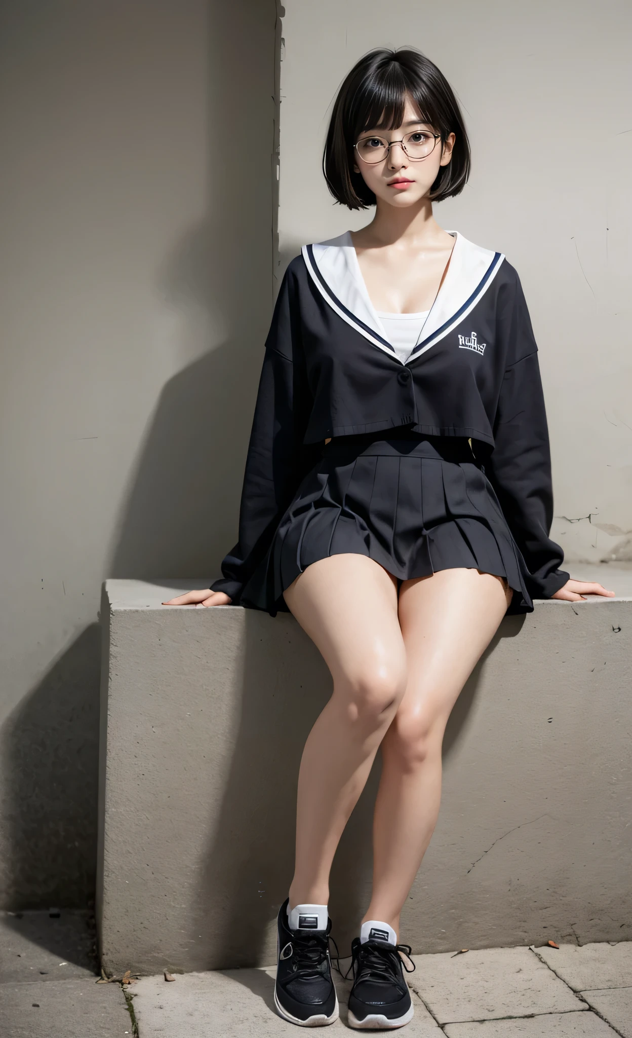 detailed_background, realistic, full body, 1girl, eye glasses, blushes, dark alley, black hair, straight bob hair, bangs, cleavage, big bust, small waist, bare legs, thighs, thicc_thights, knees, sneakers, white crop top sailor uniform, pleated skirt, sitting_down,