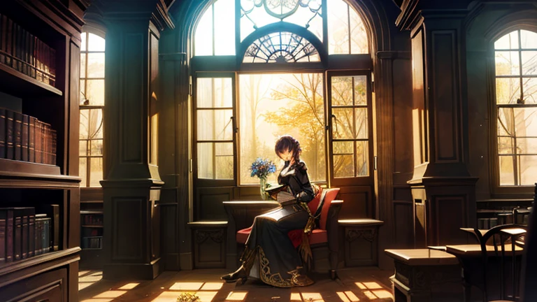 steampunk woman I read a book Buildings in the forest in library room large room window Dried flower