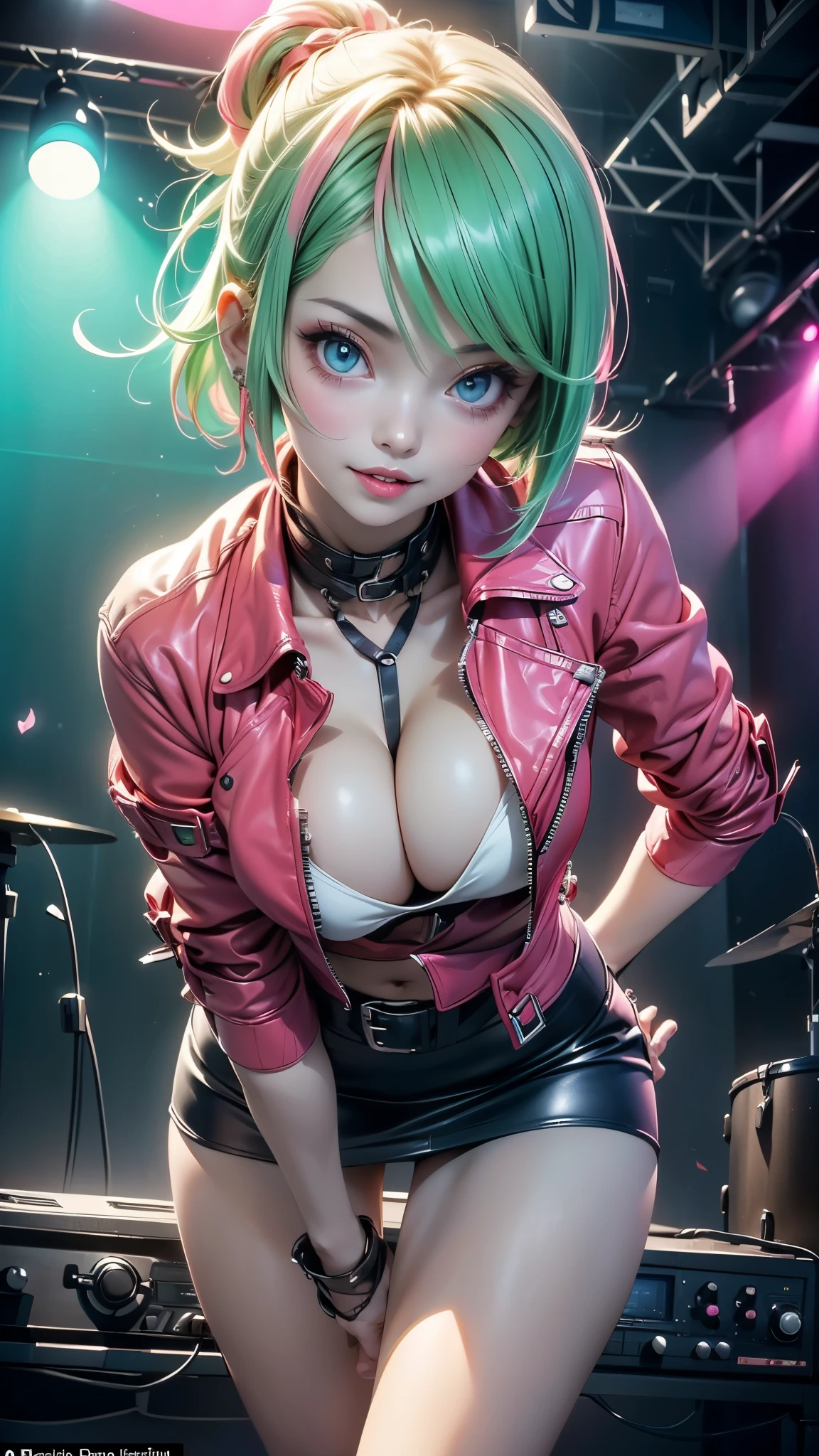 (((Only 1 woman))), ((low angle shot)), masterpiece, 8k, high quality, ultra detailed, anime style, CG Unity, beautiful anime woman, ((30 years old, rockstar)), (((pale skin: 1.3))), wearing sexy (((leather outfit, miniskirt))), (((cleavage: 1.3))), (((green and pink hair))), blue eyes, ((perfect body)), (((breasts:1, waist:1.1, hips:0.9, toned legs:1))), looking directly to camera, sexy gaze, sexy smile, ((lucious lips)), (((sexy pose))), it is an (((artificial lighted scene))) in a rock stage club