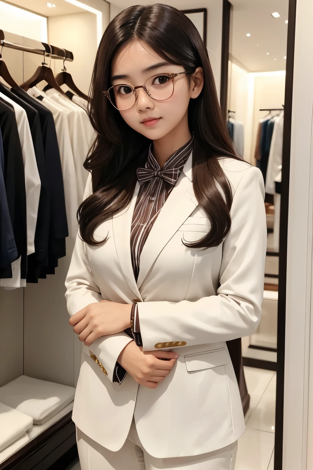 detailed face photo. 20 year old Indonesian girl with a sweet face, normal breast round face chubby face and long brown wavy hair, round glasses wearing full white neat suit taking photos in a luxury clothing store