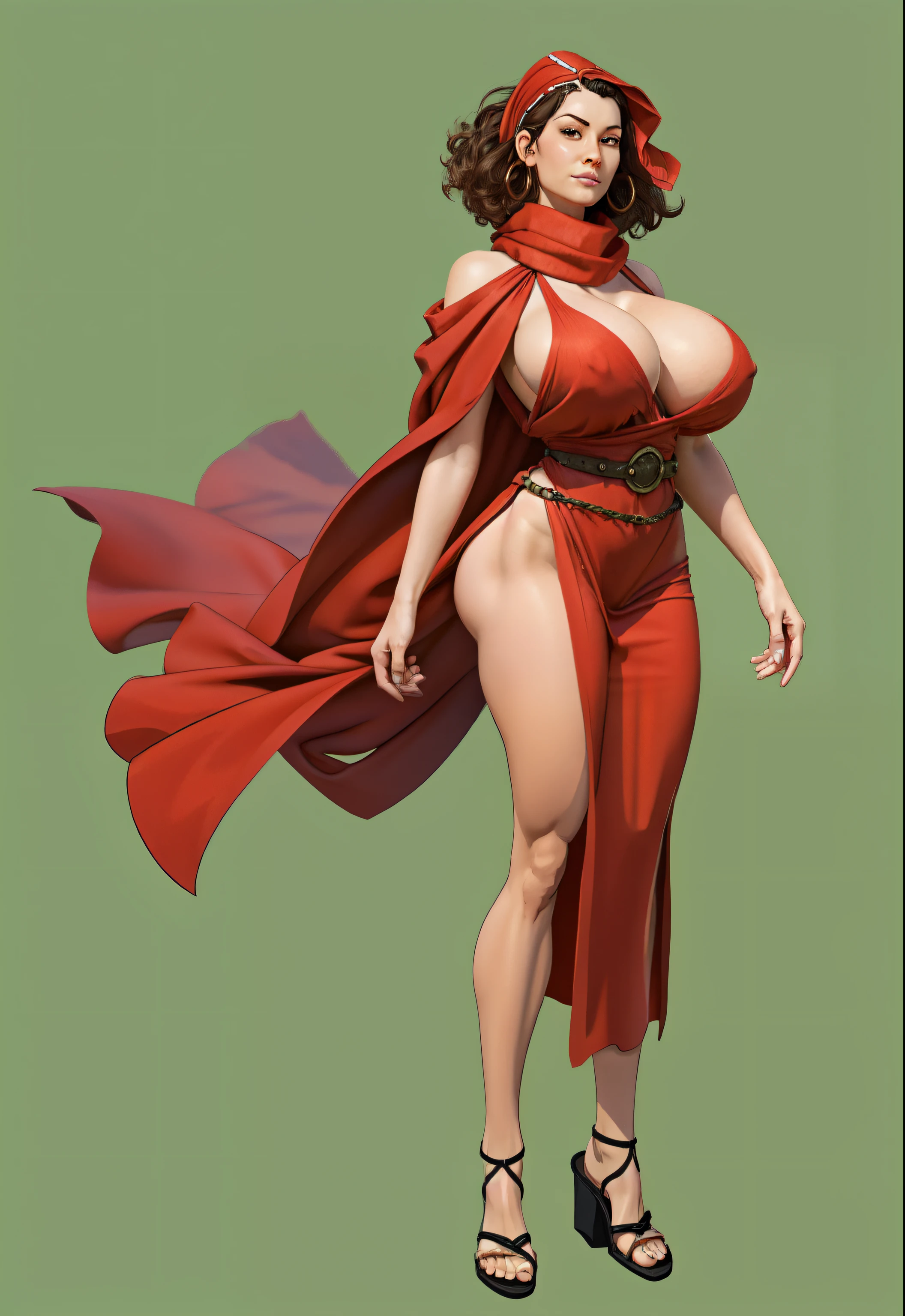 Woman pirates wearring realistic pirates cloths,30 years old, latina face looking up, ((curly hair)) , ((gigantic breasts)), (gypsy), brown skin, mature, short hair, Stand up, maquiagem, Lips are soft or colored, light, uncontrasted, flat wallpaper background, silhuetas simples, lineart, minimalist, green eyes, ((red bandana on forehead)). Full body shot. At a ship in sea.