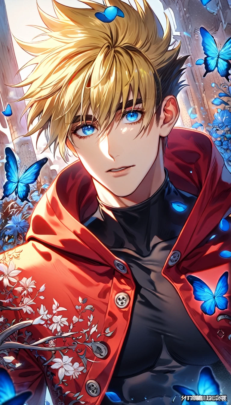 absurdres, highres, ultra detailed, HDR, master piece, best quality, Vash stampede, blonde hair, expressive blue eyes, Trigun, solo, sexy man, handsome, toned chest, black shirt, red coat with a hood, blue butterflies, blue petals, blue flowers, magical, fantasy
