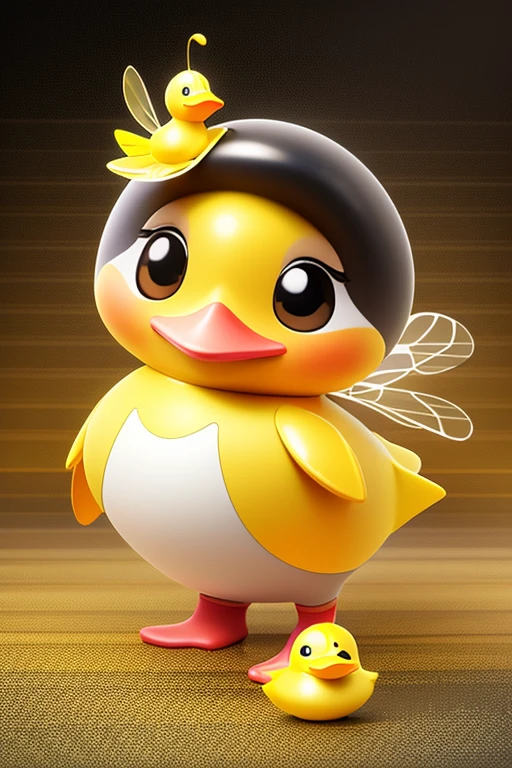 create an image of a beautiful and happy  duck dressed as a bee with a skirt and with lines in black and yellow colors in Pixar format. Write in cute shiny letters the name: "Patytos de Layme" in 3D in the background of the image