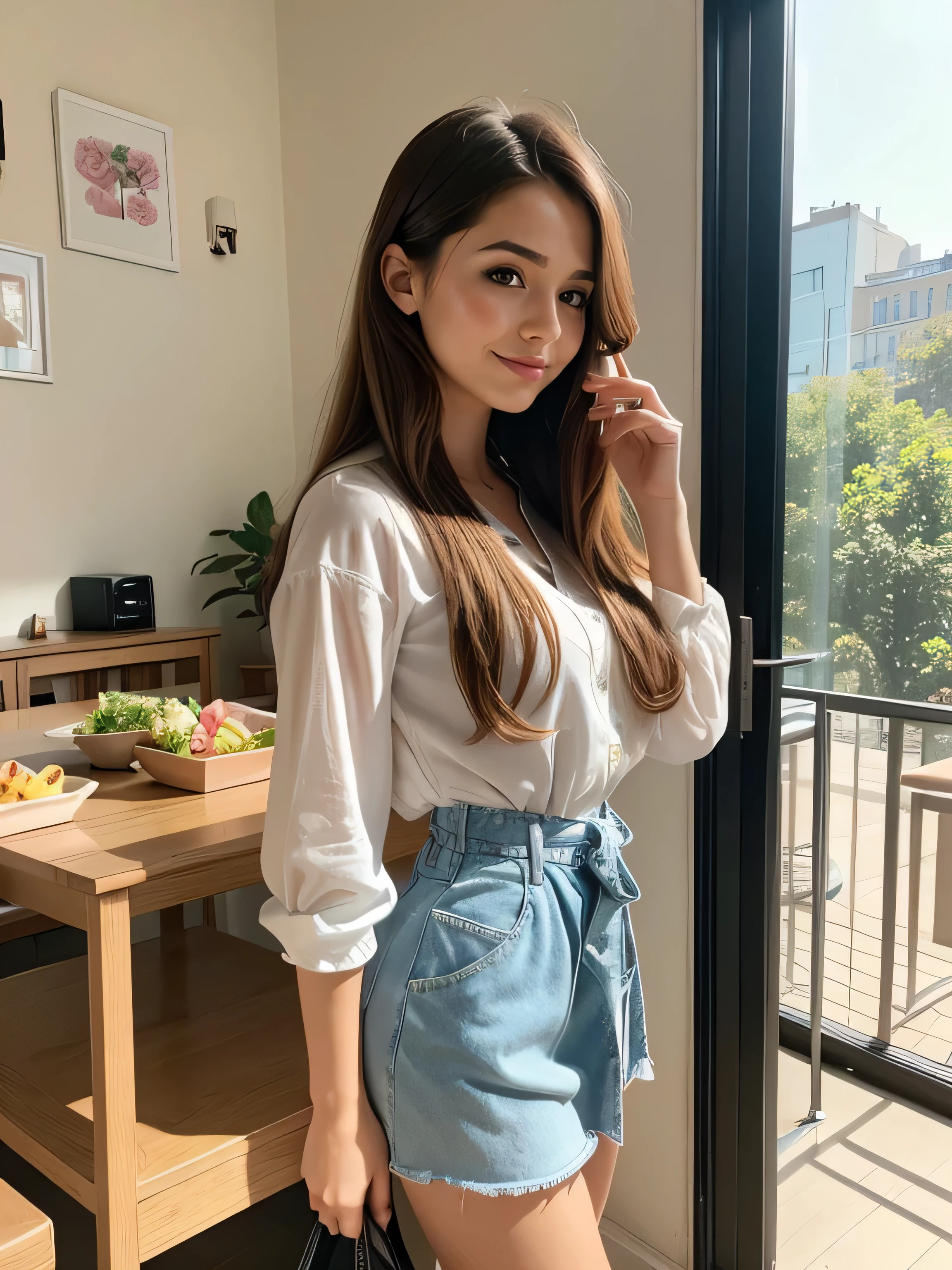 (highest quality,4K,8k,High resolution,masterpiece:1.2),Super detailed,(Realistic,photoRealistic,photo-Realistic:1.37),Beautiful and cute 18-year-old female student wearing a sexy high ,girl,garden,Beautiful views,Soft sunlight,A book in her hand,Laugh brightly,Bright expression,Blonde Hair,blue eyes,Long Curly Hair,She has a pink ribbon in her hair,White blouse,Checkered short skirt,tall white socks,Black Loafers,Stylish backpack,Cafeteria Background,Students eating lunch,A table with colorful food trays,Juicy burgers,Fresh sandwiches,Crispy French Fries,salad,Fruit bowl,A variety of refreshing drinks,glass windows overlooking green gardens and blooming flowers,Vibrant colors,Pastel Tones,Picturesque style,Soft brushwork,Dreamy atmosphere,Playful lighting,Sunlight streaming through the window,Create beautiful patterns on walls and floors,Long straight hair_Hair reaching down to the waist
