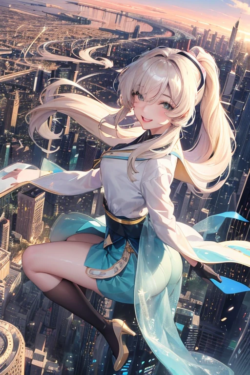 Official Art, masterpiece, Clear focus, (beautiful, Beautiful and cute Korean woman:1.3), (Beautiful and cute Korean:1.3), Korean beauty, 精致beautiful头发、Eyes and face, actual, Super detailed, beautiful女孩, Blue sky, Glowing white particles, (Side Light:1.2), Sunlight, White Cloud, Detailed clouds, Slim, Such a cute big ass, Smile with teeth bared, ((Smile with your eyes, Open your eyes)), landscape, Long straight hair, sexy facial expression, architecture, (city View:1.7), Dynamic Hair, very Long straight hair, Delicate platinum-blonde hair, Green Eyes, Pink skirt, Black socks, Pale skin, Hair accessories, epic landscape,,White high heels,Nice ass,beautiful buttocks,There's nothing under the skirt.,weight loss