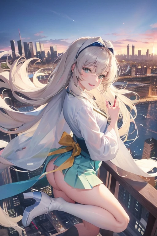 Official Art, masterpiece, Clear focus, (beautiful, Beautiful and cute Korean woman:1.3), (Beautiful and cute Korean:1.3), Korean beauty, 精致beautiful头发、Eyes and face, actual, Super detailed, beautiful女孩, Blue sky, Glowing white particles, (Side Light:1.2), Sunlight, White Cloud, Detailed clouds, Slim, Such a cute big ass, Smile with teeth bared, ((Smile with your eyes, Open your eyes)), landscape, Long straight hair, sexy facial expression, architecture, (city View:1.7), Dynamic Hair, very Long straight hair, Delicate platinum-blonde hair, Green Eyes, Pink skirt, Black socks, Pale skin, Hair accessories, epic landscape,,White high heels,Nice ass,beautiful buttocks,There's nothing under the skirt.,weight loss