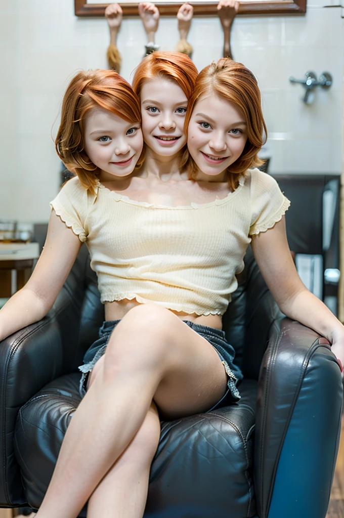 (One head young child:1.5), (one head adult:1.5), (a redhead and a blonde:1.3)