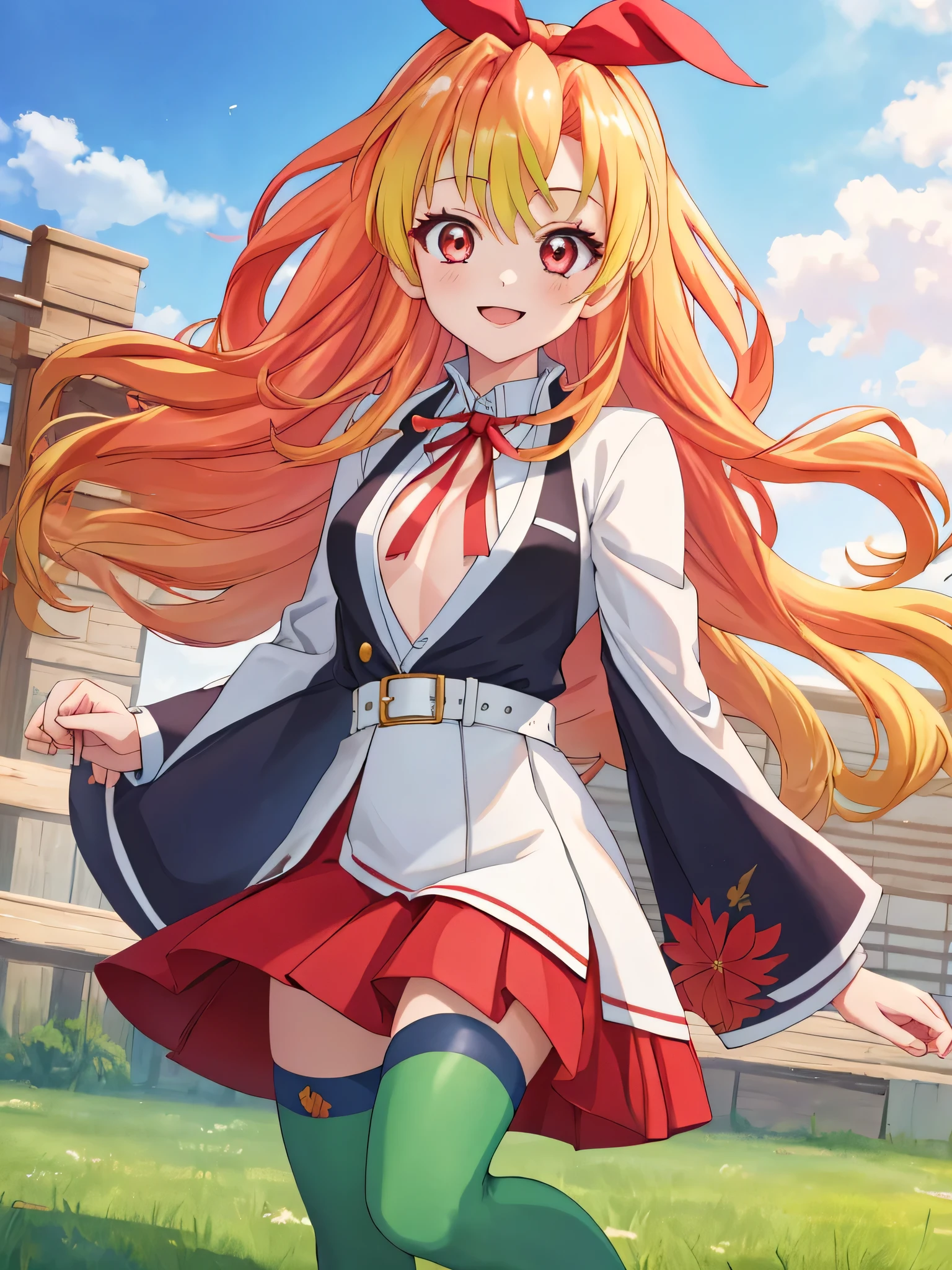 (nsfw:0.7),Masseter muscle part, highest quality, Super high resolution, highest quality, anime style, best lighting, beautiful face, masterpiece, 8K, High level image quality, High pixel count, 1 woman, 1 girl,solo, Blonde and red gradient hair, red eyes, A big smile, Full body Esbian, (Face-centric:1.1), facing the front, wearing a uniform, village background, countryside village, upper body, (White haori:1.2), (small breasts:1.1), Green tights, Chest opens:1.4,hosimiya ichigo
