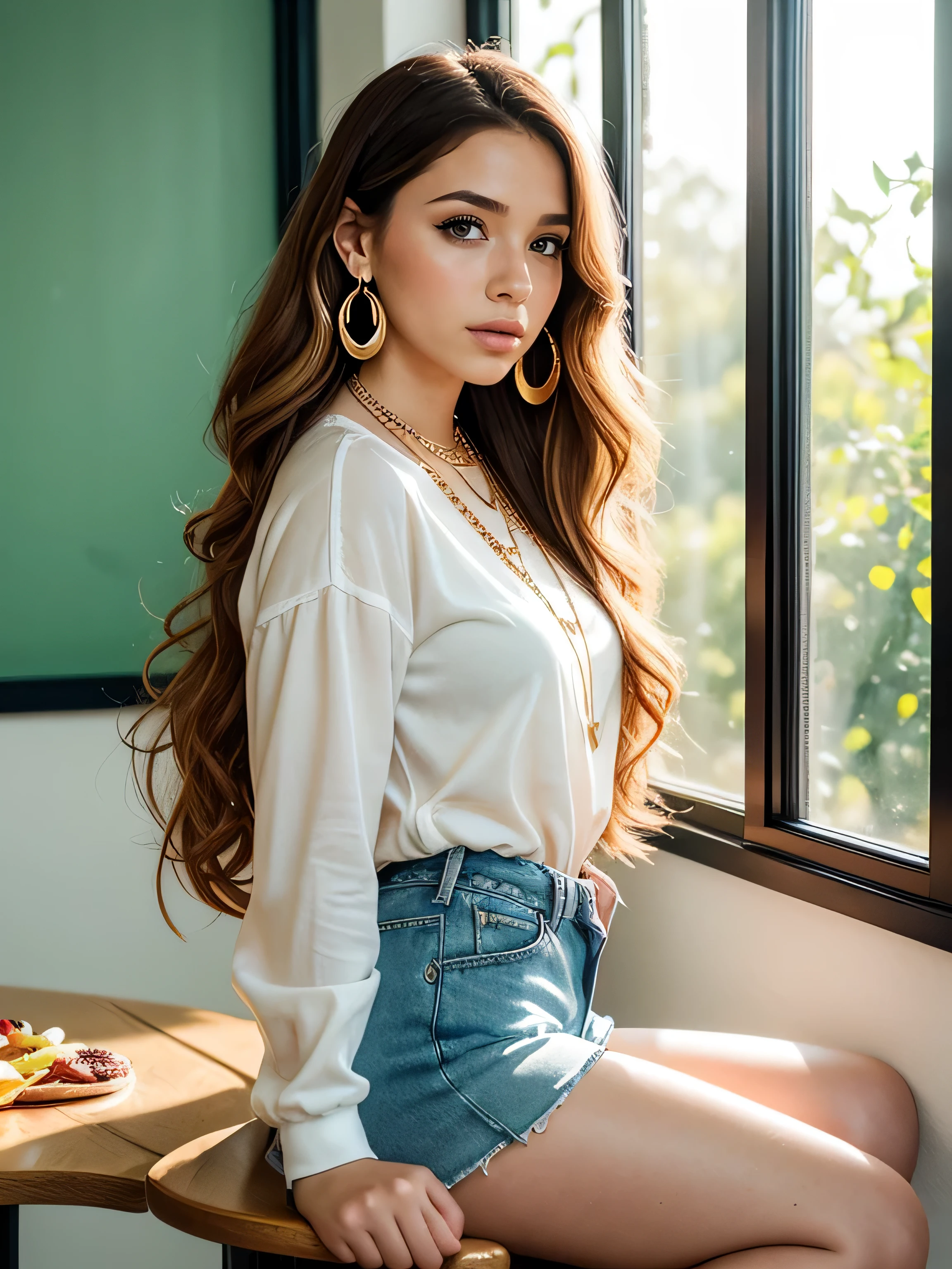 (highest quality,4K,8k,High resolution,masterpiece:1.2),Super detailed,(Realistic,photoRealistic,photo-Realistic:1.37),Beautiful and cute 18-year-old female student wearing a sexy high ,girl,garden,Beautiful views,Soft sunlight,A book in her hand,Laugh brightly,Bright expression,Blonde Hair,blue eyes,Long Curly Hair,She has a pink ribbon in her hair,White blouse,Checkered short skirt,tall white socks,Black Loafers,Stylish backpack,Cafeteria Background,Students eating lunch,A table with colorful food trays,Juicy burgers,Fresh sandwiches,Crispy French Fries,salad,Fruit bowl,A variety of refreshing drinks,glass windows overlooking green gardens and blooming flowers,Vibrant colors,Pastel Tones,Picturesque style,Soft brushwork,Dreamy atmosphere,Playful lighting,Sunlight streaming through the window,Create beautiful patterns on walls and floors,Long straight hair_Hair reaching down to the waist、((Gold Necklace_Large earrings:1.2)),