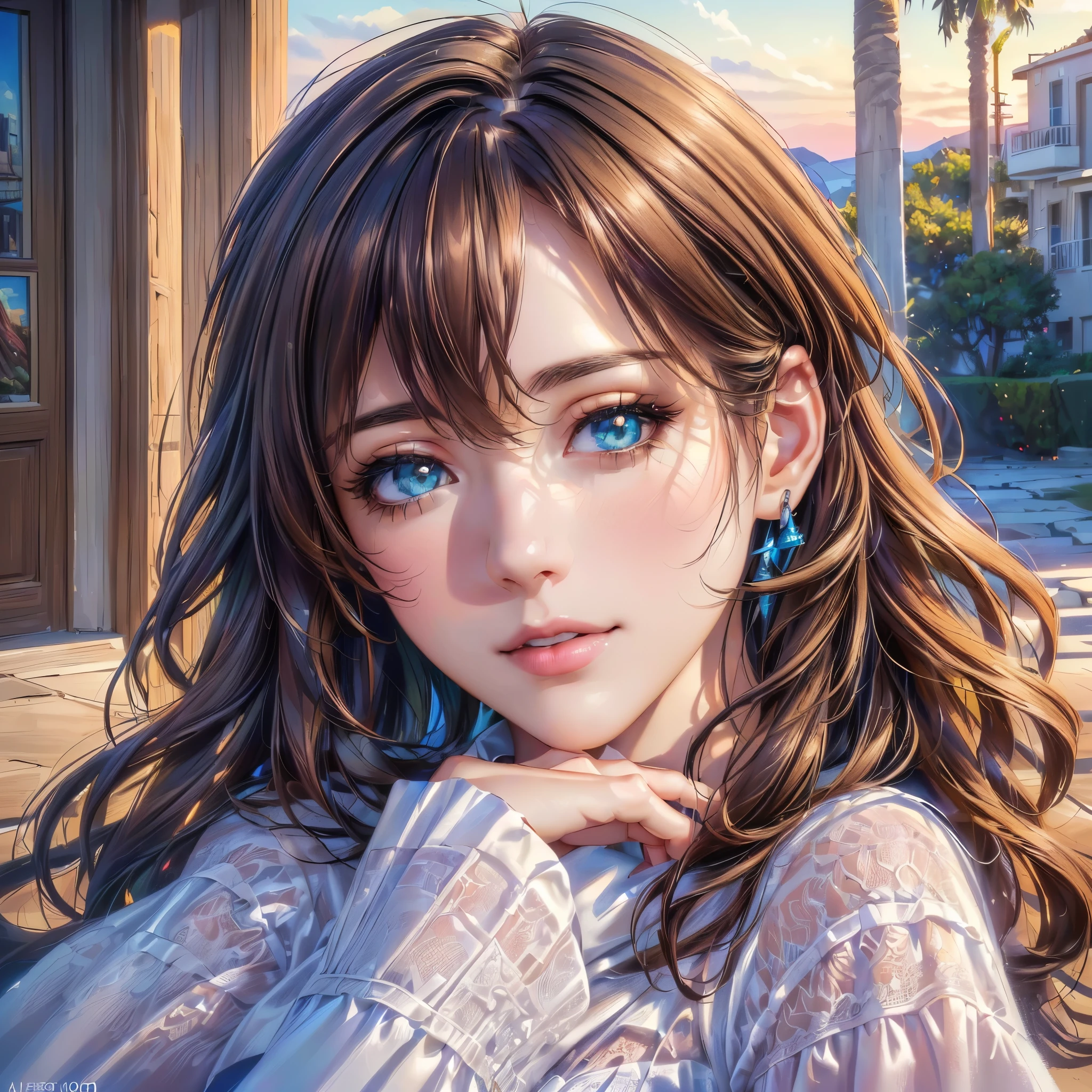 (Woman:1.1, Greece:1.1, portrait:1.1, anime), green eyes, sunset hour, (realistic:1.37, photography), Beach House at Greek island, (animation, realistic:1.37), brown hair, (beautiful detailed eyes:1.1, beautiful detailed lips:1.1, extremely detailed eyes and face:1.1, long eyelashes), vibrant colors, warm tones, soft lighting, (best quality, 4k, highres, masterpiece:1.2), (ultra-detailed, HDR, vivid colors), (realistic, photo-realistic:1.37), (landscape, concept artists).