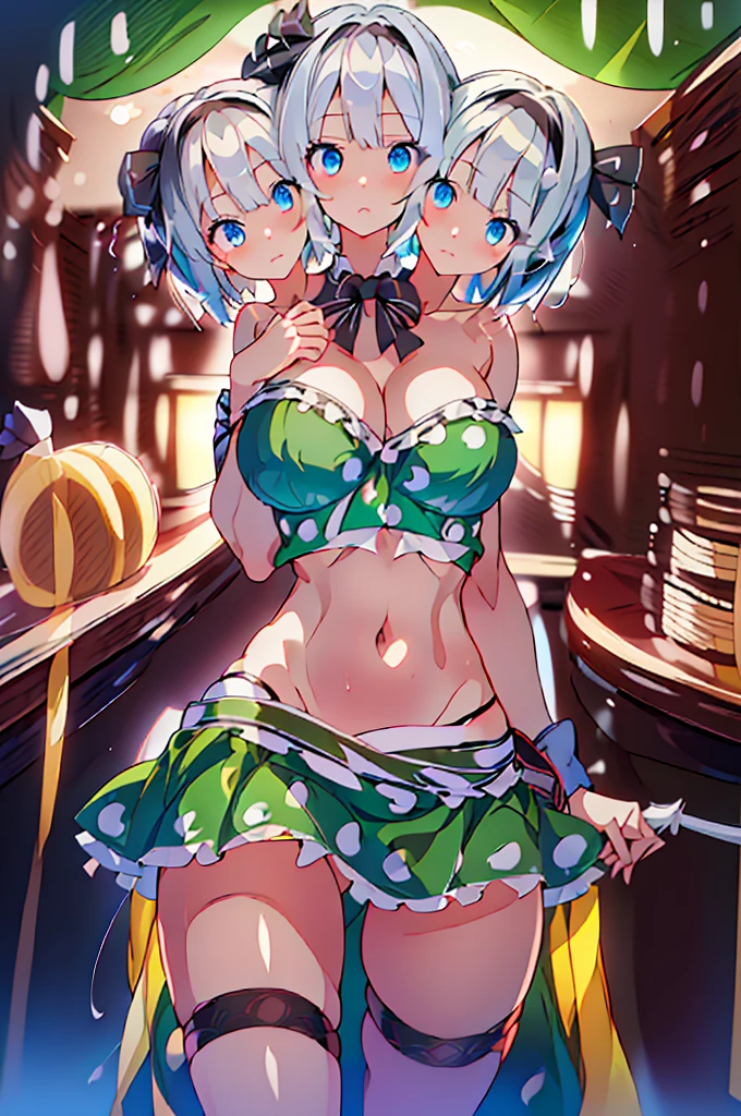 (masterpiece, best quality), best quality, (ultra-detailed), (3heads:1.5), 1girl, (ultra-detailed), (3heads:1.5), 1girl, (konpaku youmu:1.3), masterpiece, best quality, ultra quality, ultra resolution, green top, crop top, ((stomach)), midriff, ((groin)), green skirt, normal ears, shackles, white hair, very long hair, wavy hair, sidelocks, blue eyes, detailed eyes, parted lips, black headband, sweat, cute, toned belly, hand on own chest, eyelashes, (24 year old woman:1.3), (masterpiece:1.5), (best quality:1.5), (beautiful detailed), extremely detailed CG, extremely delicate and beautiful, depth of field, (finely detailed face), (perfect details:1.2), (mature female:1.3), wide pelvis, slender, large veiny breast, 16k resolution, highres, high quality, high definition, extremely detailed, masterpiece, best quality, white hair, long hair, alluring presence, braid, short skirt, close up, big tits, young, black headband, black ribbon,
