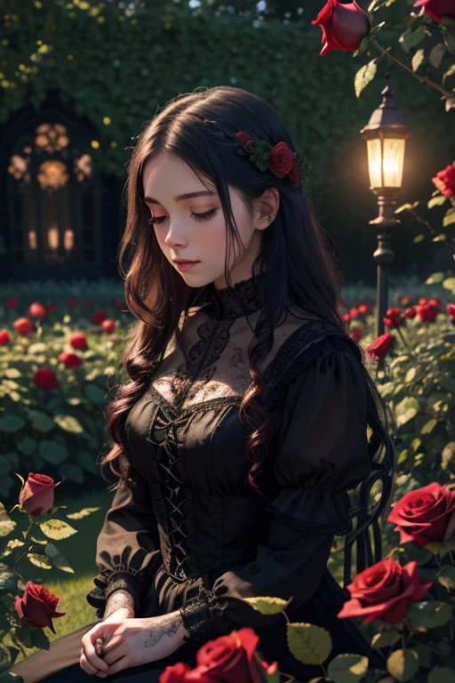 a 18 years old gothic girl in a garden, illustration, detailed red roses, best quality, highres, ultra-detailed,realistic,intricate details, soft lighting, vibrant colors ,bokeh,peaceful atmosphere, serene mood,tranquil setting,harmony between nature and human presence