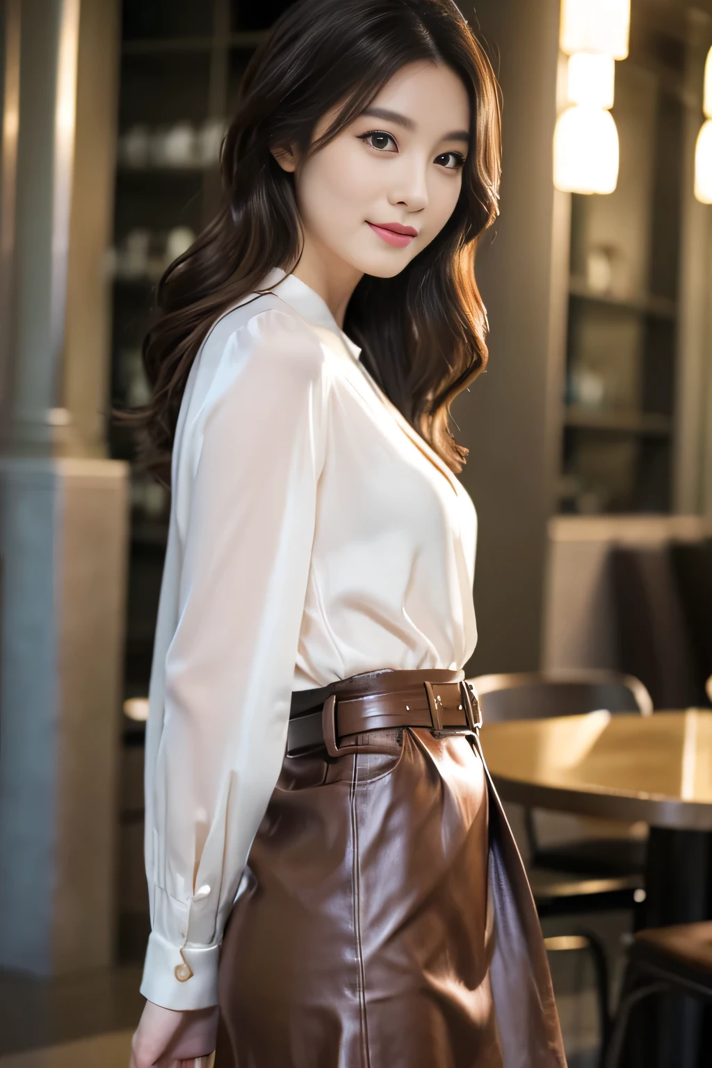 Very detailed CG Unity 8k wallpaper, highest quality, Very detailed, Looking at the camera:1.2, The light shines on your face:1.5, Professional Lighting, 28 years old, woman, Japanese, In a stylish cafe, Hairstyle: Long natural waves, hair color: Deep cocoa brown, Contour: Elegant and well-defined contour, eyebrow: Thin and elegant, eye: big, dark brown eyes, nose: Tall and sharp, mouth: A bright and elegant smile, clothing: Silk blouse and tight high waist skirt, A thin leather belt is wrapped around the waist., On her feet are high-heeled leather boots, skin: Transparent、Gives a healthy glow
