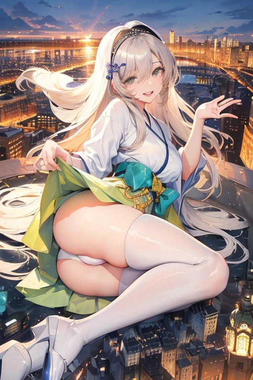 Official Art, masterpiece, Clear focus, (beautiful, Beautiful and cute Korean woman:1.3), (Beautiful and cute Korean:1.3), Korean beauty, 精致beautiful头发、Eyes and face, actual, Super detailed, beautiful女孩, Blue sky, Glowing white particles, (Side Light:1.2), Sunlight, White Cloud, Detailed clouds, Slim, Such a cute big ass, Smile with teeth bared, ((Smile with your eyes, Open your eyes)), landscape, Long straight hair, sexy facial expression, architecture, (city View:1.7), Dynamic Hair, very Long straight hair, Delicate platinum-blonde hair, Green Eyes, Pink skirt, Black socks, Pale skin, Hair accessories, epic landscape,,White high heels,Nice ass,beautiful buttocks,There's nothing under the skirt.,weight loss