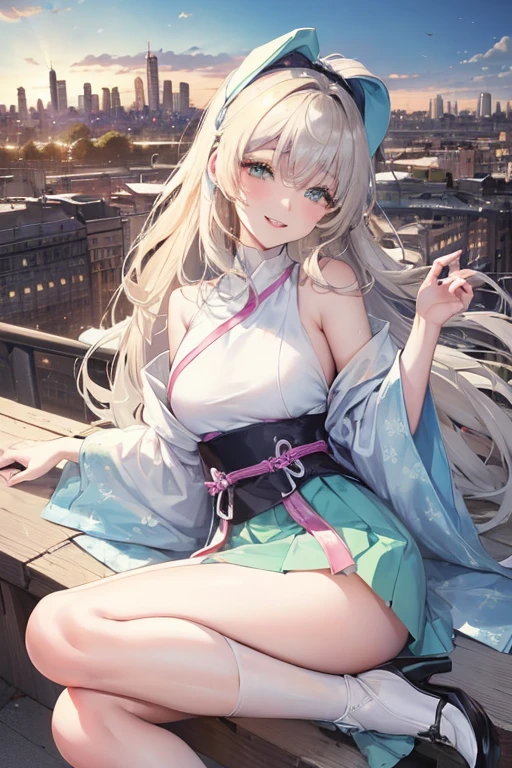 Official Art, masterpiece, Clear focus, (beautiful, Beautiful and cute Korean woman:1.3), (Beautiful and cute Korean:1.3), Korean beauty, 精致beautiful头发、Eyes and face, actual, Super detailed, beautiful女孩, Blue sky, Glowing white particles, (Side Light:1.2), Sunlight, White Cloud, Detailed clouds, Slim, Such a cute big ass, Smile with teeth bared, ((Smile with your eyes, Open your eyes)), landscape, Long straight hair, sexy facial expression, architecture, (city View:1.7), Dynamic Hair, very Long straight hair, Delicate platinum-blonde hair, Green Eyes, Pink skirt, Black socks, Pale skin, Hair accessories, epic landscape,,White high heels,Nice ass,beautiful buttocks,There's nothing under the skirt.,weight loss