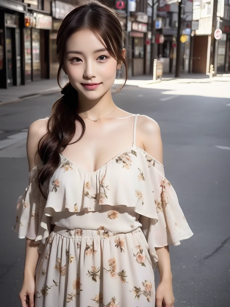 (1girll:1.0),(8K, Best quality, tmasterpiece),ultra - detailed, adolable, solo, cute Japan woman,brown hair,By bangs, long whitr hair, pony tails,Beautiful and delicate eyes,Eyes speak, Moisturizes skin,Beautiful and delicate eyes,((mediumsize roundbreast,Floral dress:1.4)), head straight-looking at viewer:1.8, (Bokeh), ssmile:1.2,Fashion model pose,Close-up of woman in floral dress on city street, Sexy girl, Japanese goddess, Japanese model, Beautiful Asian girl, Asian girl, Lovely woman, Korean girl, beautiful Korean women, showing her shoulder from back, 2 4 year old female model, Yoshitomo Nara, Chinese girl, gorgeous chinese models