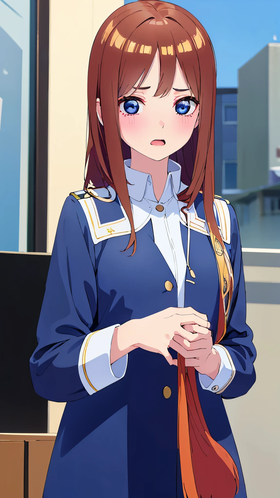 Shooting from the side,Tilting head, (looking away:1.5), masterpiece、top-quality、 (long hair with brown bangs:1.5), woman with blue eyes,big eyes, beautiful eyes,(Wearing a uniform:1.5)、Close-up of your face、shy,blush, Surprised expression、open mouth, is standing、background is city at school、Bold composition、Upper body is shown、Alone、