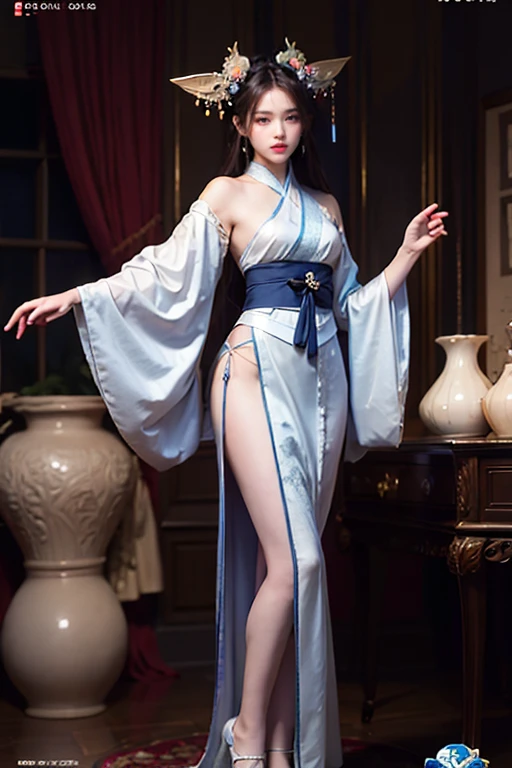 A mesmerizing and visually stunning fractal artwork featuring a single female figure, hanfu, created by a renowned artist, showcasing intricate details and vibrant colors. Official art quality with a strong aesthetic appeal. High resolution rendering in 4K。Sexy Clothing。