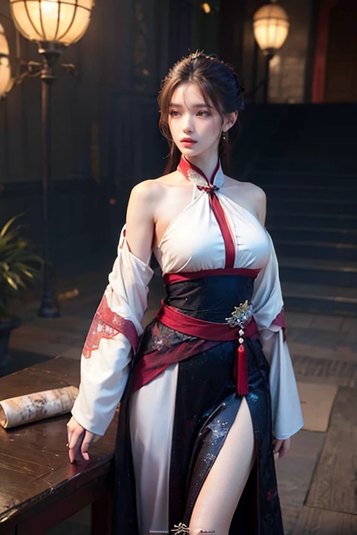 A mesmerizing and visually stunning fractal artwork featuring a single female figure, hanfu, created by a renowned artist, showcasing intricate details and vibrant colors. Official art quality with a strong aesthetic appeal. High resolution rendering in 4K。Sexy Clothing。