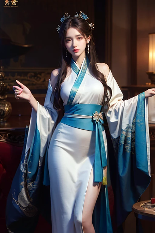 A mesmerizing and visually stunning fractal artwork featuring a single female figure, hanfu, created by a renowned artist, showcasing intricate details and vibrant colors. Official art quality with a strong aesthetic appeal. High resolution rendering in 4K。Sexy Clothing。