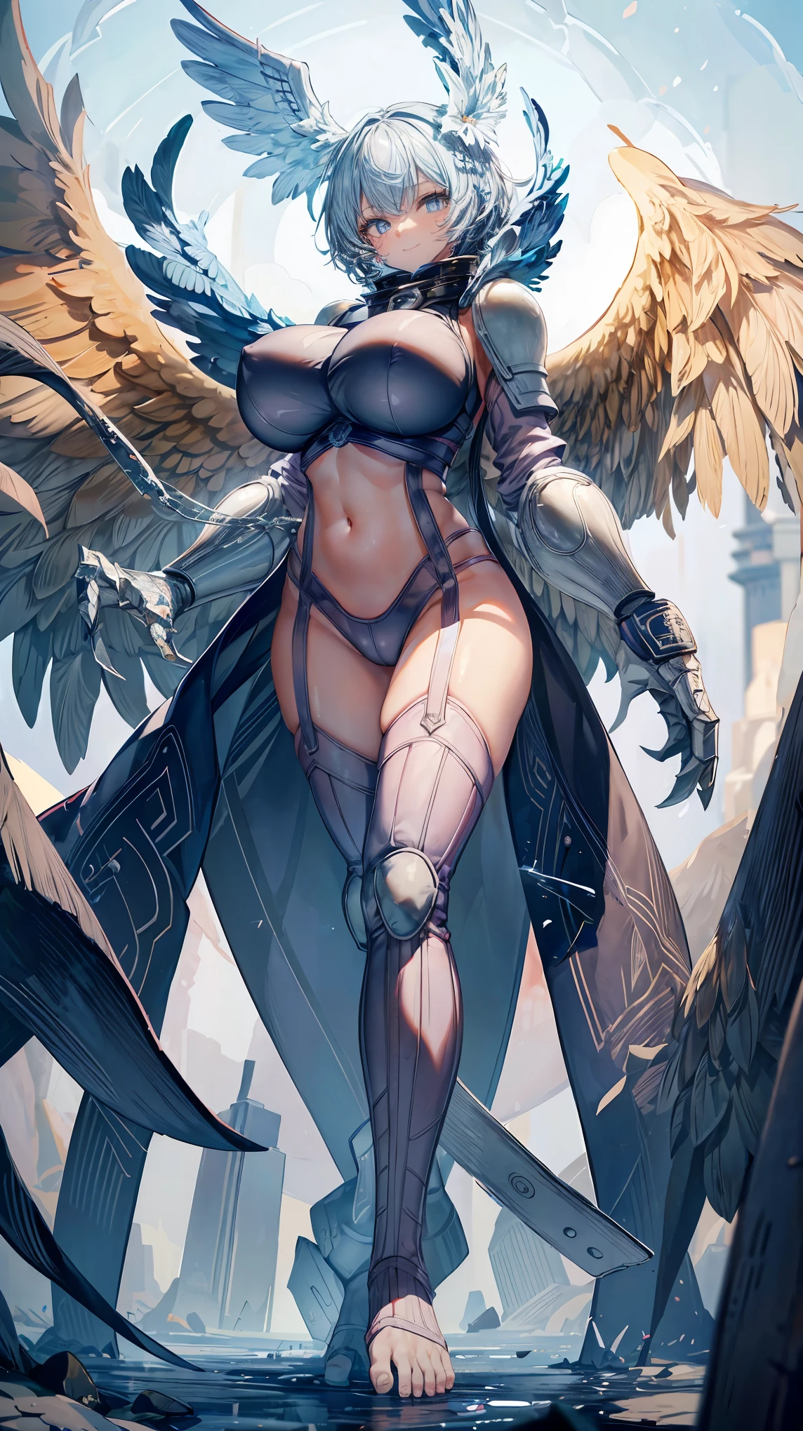 Very detailed、highest quality、Best image quality、masterpiece、8k、Anime Face、A kind smile、Sparkling blue eyes、(SFW Giant:1.5)、(Big Breasts:1.5)、shutumon、mask、Model pose、Full body view、High leg