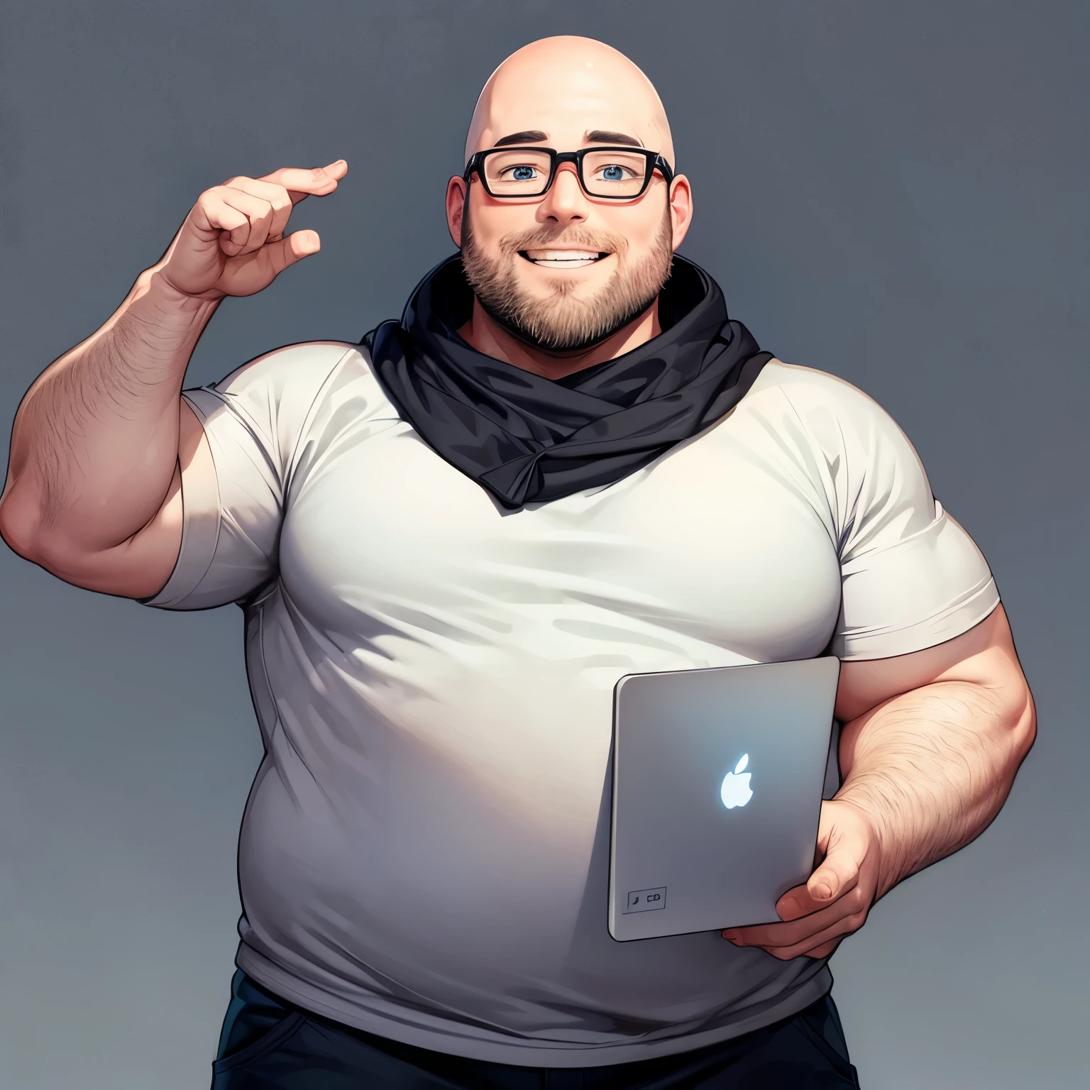 create an avatar, white man 35 years old, overweight, bald, with a beard, glasses, smiling, holding a laptop, dressed in a sweatshirt, do it in a drawing style with a white or transparent background