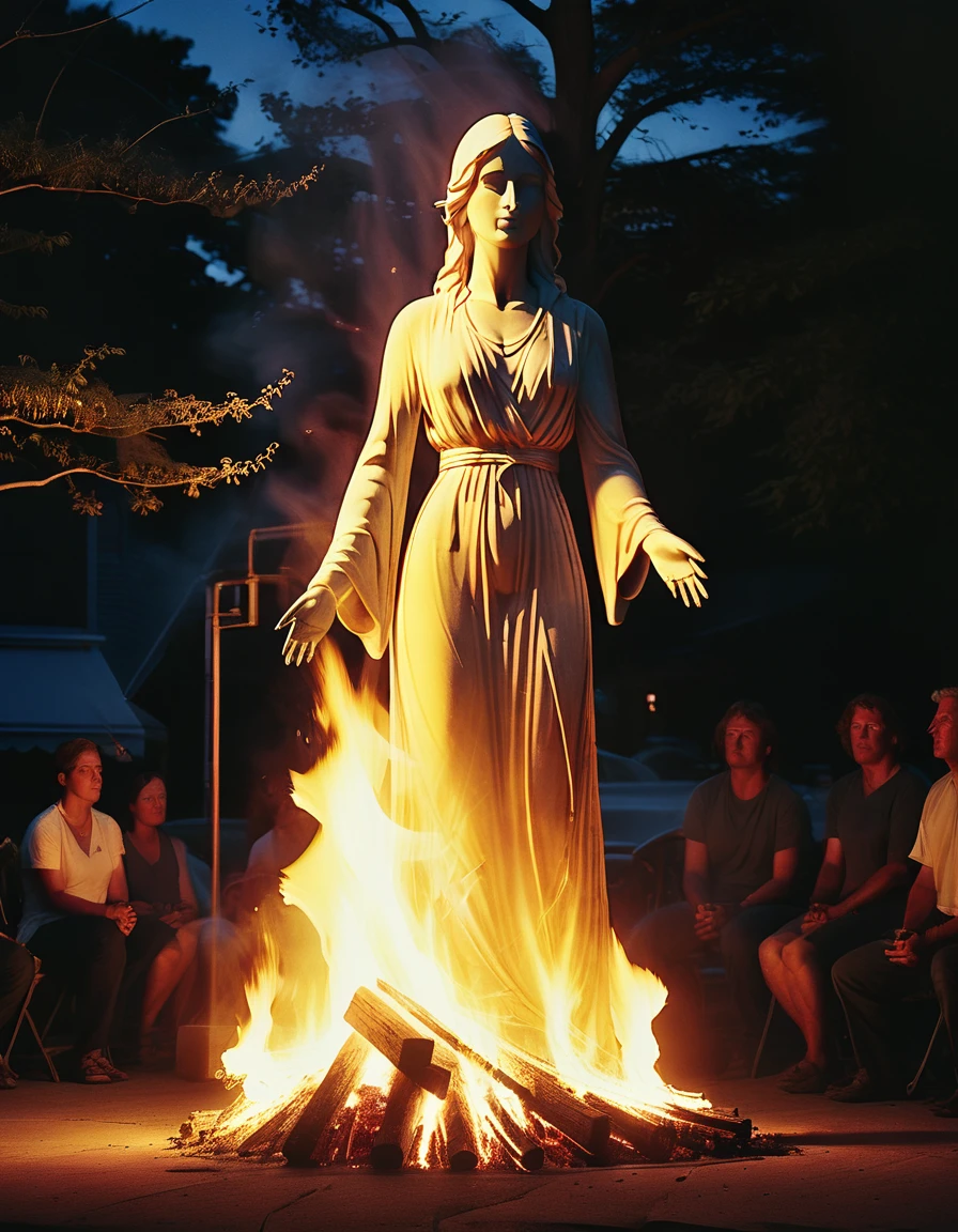 burning statue sculpture designed by daniel popper, bonfire ritual on the summer solstice, purification, subtle film grain and meticulous shading add depth and texture, emphasizing the emotional gravity of the scene. The lighting creates a chiaroscuro effect, accentuating her expressive pose and the intense atmosphere. tenet time entropy inversion. john carpenter and michael bay vfx.