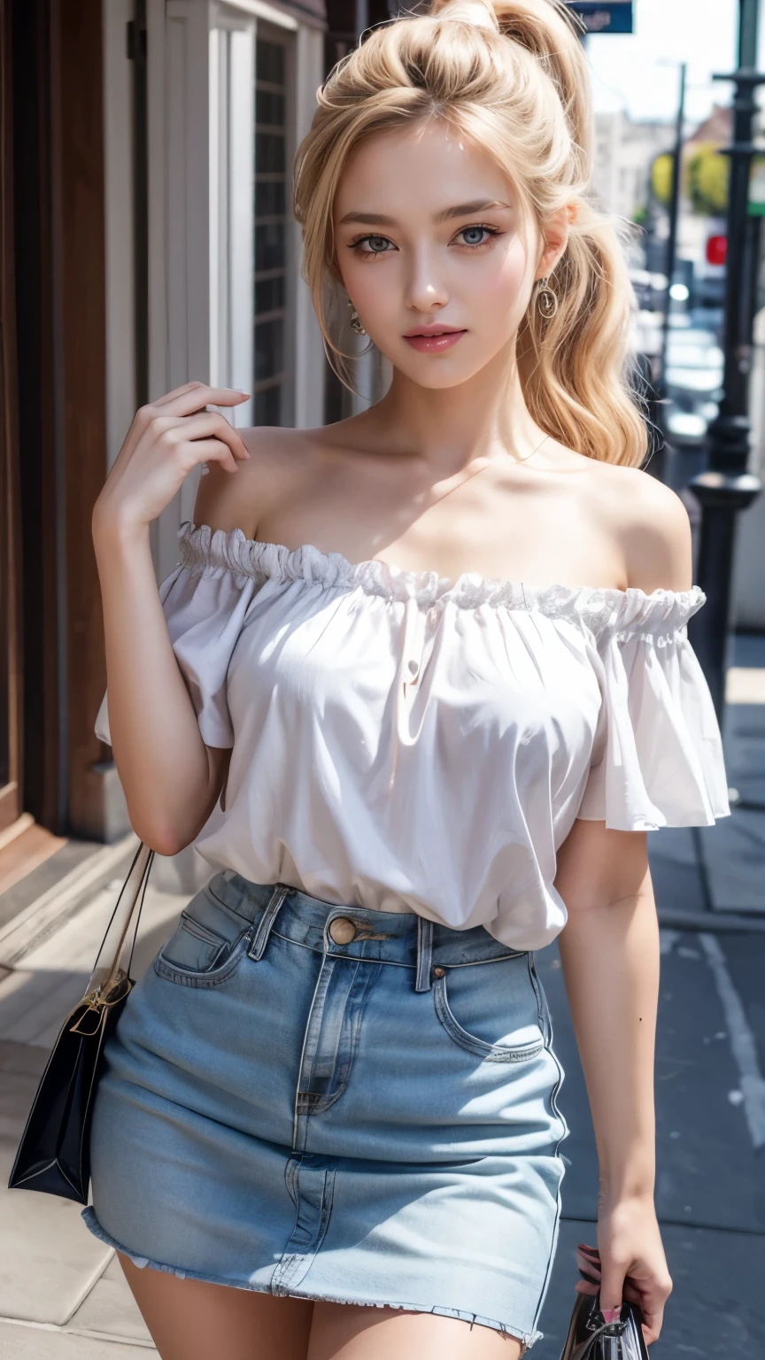 a beuatiful european girl,cute girl,perfect face,perfect body,blush,shy smile, medium perky tits,detailed background,extremely detailed cg unity 8k wallpaper,highres,shiny skin,white pale skin,long hair,silver blonde hair,ponytail,earring, large blue eyes, thigh, sexy pose , bewitching pose, outdoor,shopping street,off-shoulder shirt,frilled skirt