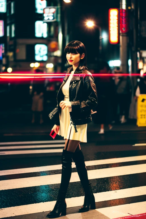 A stylish woman walks on the street of Tokyo, full of warm neon and animated towns. Wear black leather jackets, red long dresses, black boots, and black wallet. I wear sunglasses and paint red lipstick. Walk confidently and casually. The street is damp and reflected, creating a colorful light mirror -like effect. Many pedestrians are walking around.