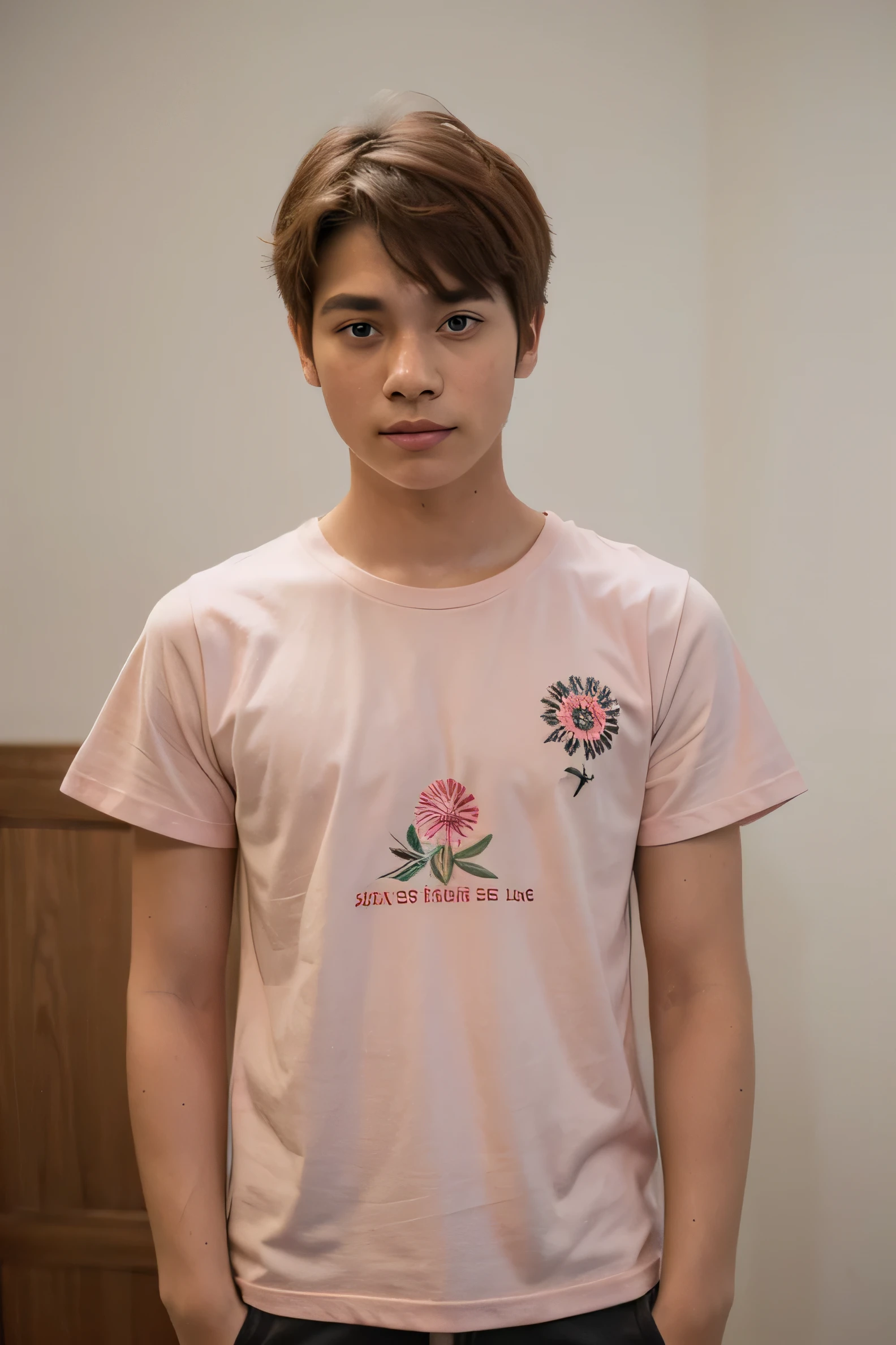An 18-year-old boy wearing a light pink short-sleeved T-shirt with red hair and a Cambodian face background flat flower