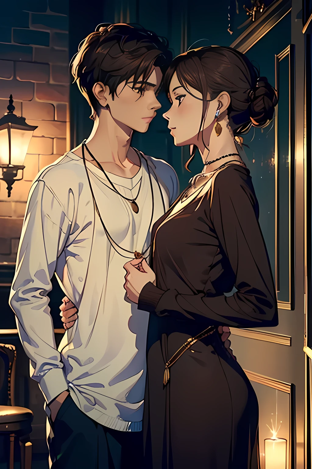 (Masterpiece, Best Quality, Photorealistic), (Skin with soft texture), (1920x1080, 4K Wallpaper, High resolution), Perfect Anatomy, Dramatic lighting, Emotional depth, Romantic atmosphere, Heartfelt connections, Tender expressions, Closeness, Passion, Love, (Couple: 1.5), (2 people in love: 1.5), (1 man and 1 woman, a couple), (Fashionable casual wear), (She: 1 girl with short brown hair, elegant dress with long sleeves, earrings, and a delicate necklace), (He: 1 boy with white