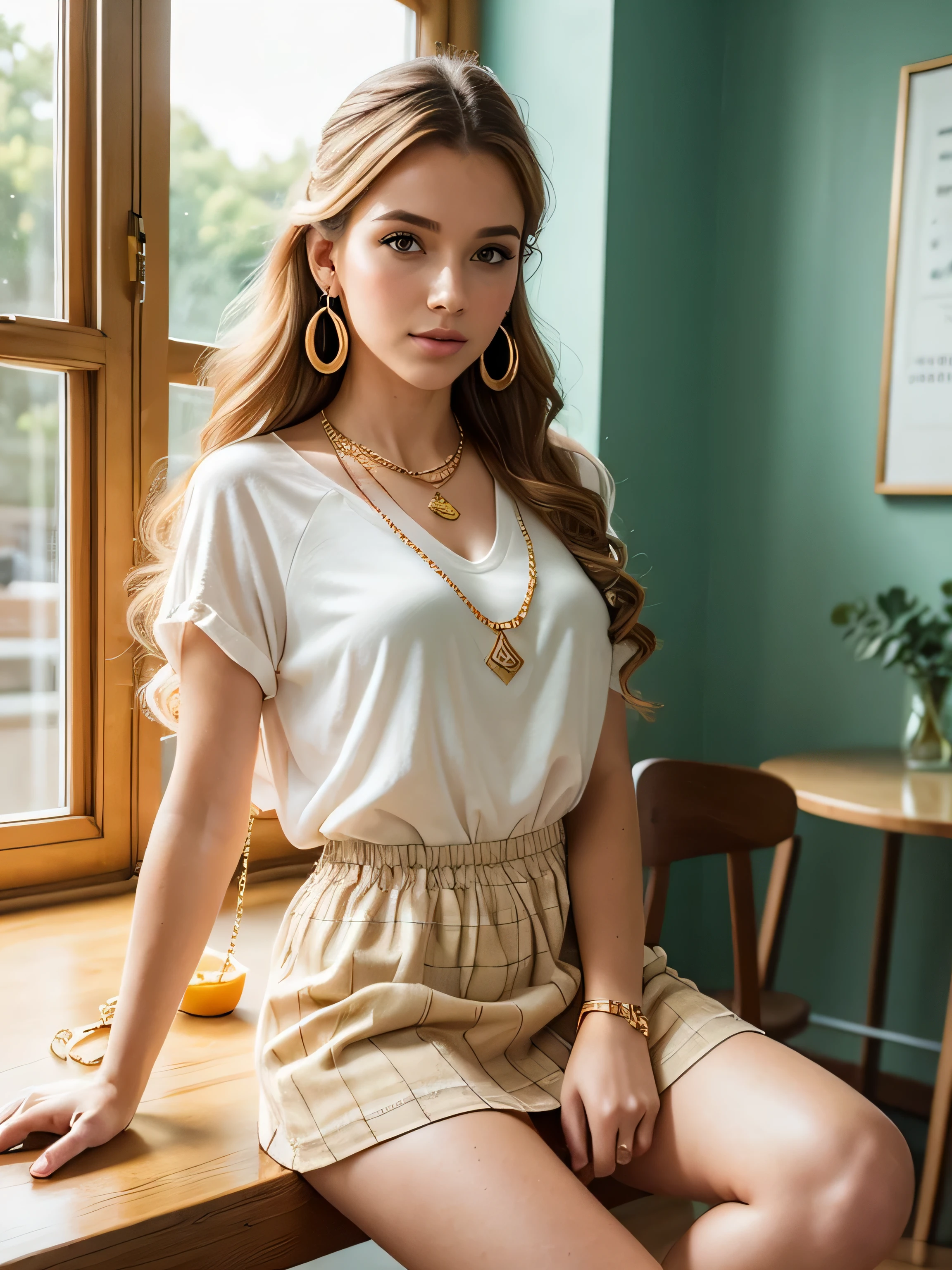 (highest quality,4K,8k,High resolution,masterpiece:1.2),Super detailed,(Realistic,photoRealistic,photo-Realistic:1.37),Beautiful and cute 18-year-old female student wearing a sexy high ,girl,garden,Beautiful views,Soft sunlight,A book in her hand,Laugh brightly,Bright expression,Blonde Hair,blue eyes,Long Curly Hair,She has a pink ribbon in her hair,White blouse,Checkered short skirt,tall white socks,Black Loafers,Stylish backpack,Cafeteria Background,Students eating lunch,A table with colorful food trays,Juicy burgers,Fresh sandwiches,Crispy French Fries,salad,Fruit bowl,A variety of refreshing drinks,glass windows overlooking green gardens and blooming flowers,Vibrant colors,Pastel Tones,Picturesque style,Soft brushwork,Dreamy atmosphere,Playful lighting,Sunlight streaming through the window,Create beautiful patterns on walls and floors,Long straight hair_Hair reaching down to the waist、((Gold Necklace＿Large earrings:1.2)),