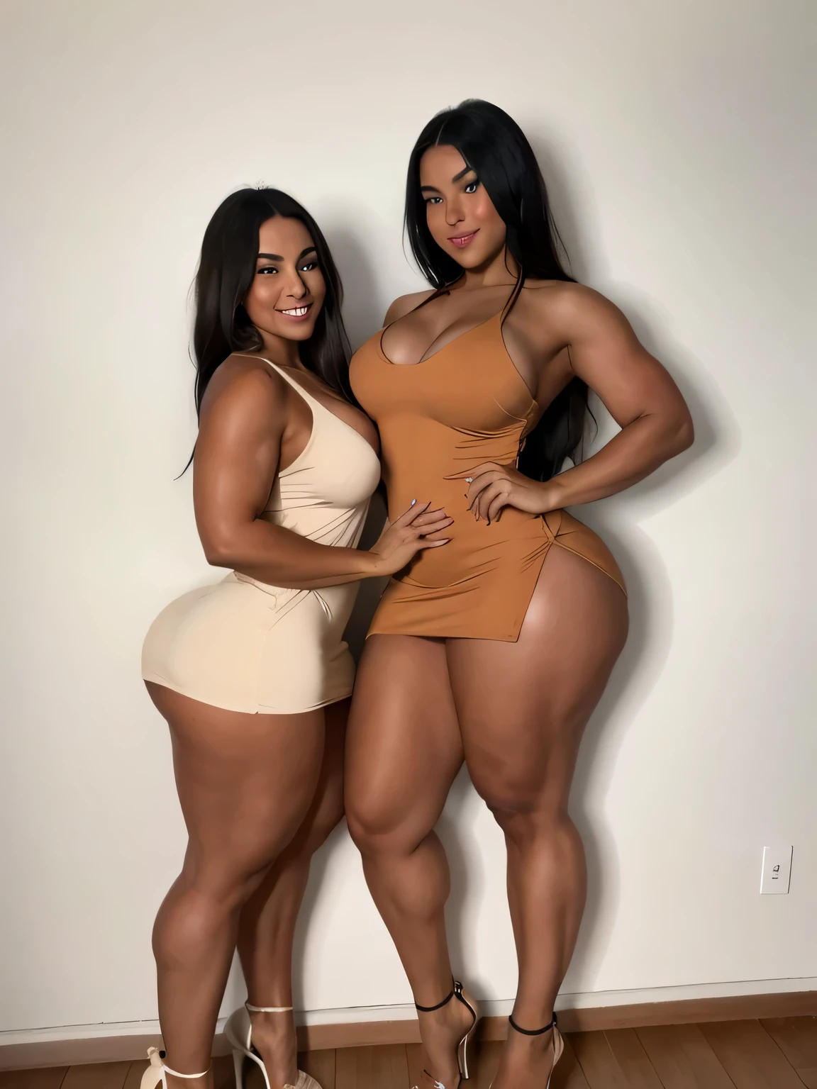 tanned italian fitness curvy woman, full body shot, with thick muscle legs, in leotard, with her arm around another woman, full body shot