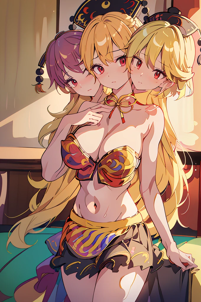 (masterpiece, best quality), best quality, (ultra-detailed), (3heads:1.5), 1girl, (junko (touhou):1.3), masterpiece, top best quality, ultra quality, ultra resolution, ultra detail, black top, crop top, ((stomach)), midriff, ((groin)), red and black skirt, normal ears, shackles, blonde hair, very long hair, wavy hair, sidelocks, red eyes, parted lips, blonde, sweat, cute, toned belly, hand on own chest, eyelashes, (25 year old woman:1.3), (masterpiece:1.5), (best quality:1.5), (beautiful detailed), extremely detailed CG, extremely delicate and beautiful, depth of field, (finely detailed face), (perfect details:1.3), (mature female:1.3), wide pelvis, slender, large veiny breast, 16k resolution, highres, very high quality, very high definition, extremely detailed, masterpiece, blonde hair, long hair, alluring presence, braid, short skirt, close up, big tits, young, chinese clothes, hair ornament, chinese headdress, adult woman, blonde woman, milf, same hair color, blonde hair,