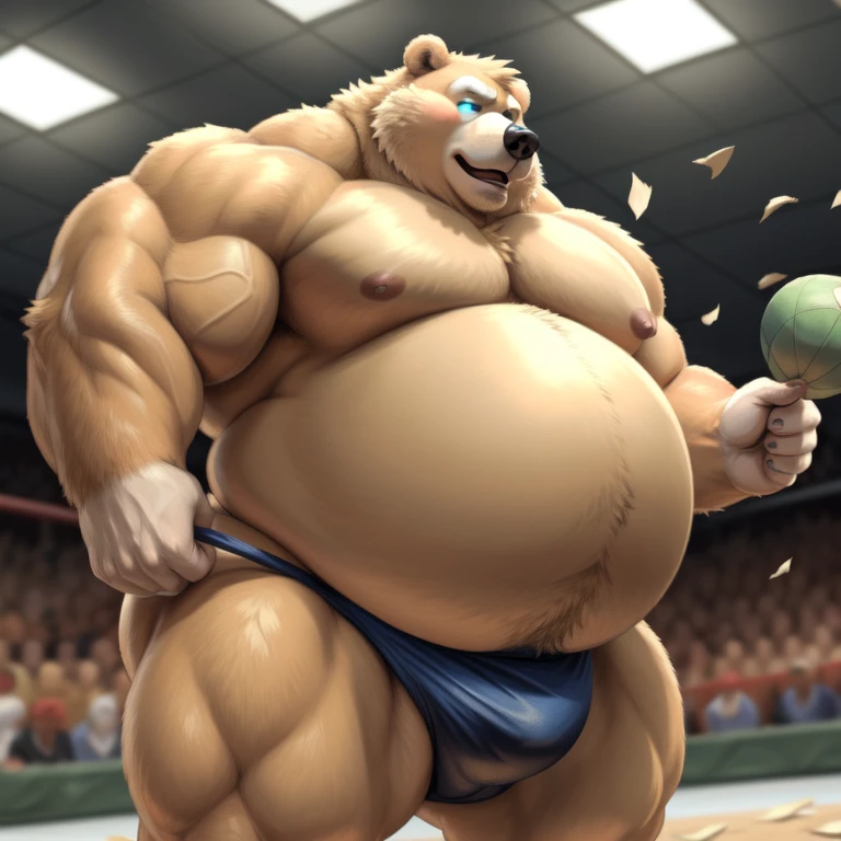 ((Masterpiece)),((Hight quality)),((Hught Detailed)),((Realistic,)) Anime Artistic masterpiece art, Concept anime art, Anatomy of character, Disney Obese sumo wrestler Millionaire Boss Bear in underwear, He is very Obese and very muscular Sumo wrestler, Extreme Bloated in the comisary, throwing bills at everyone