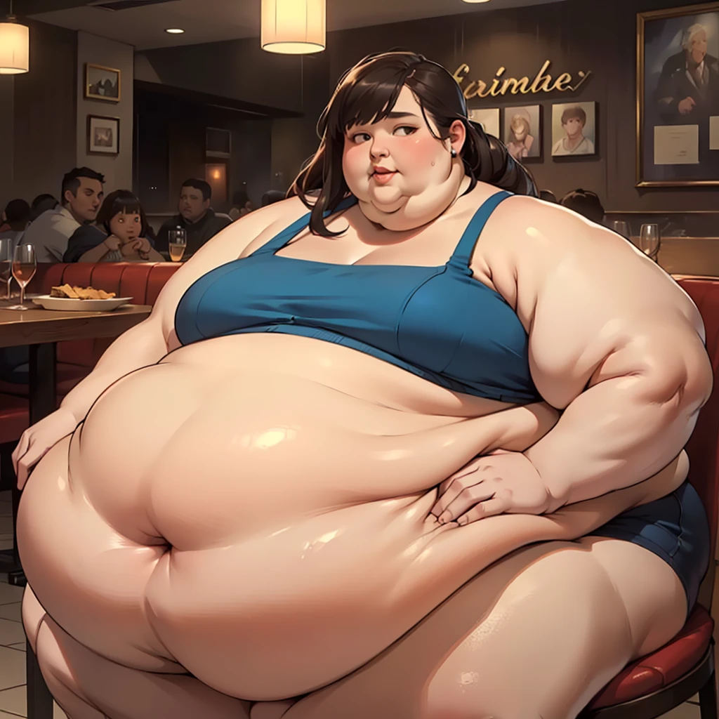 (masterpiece, best quality, highres, detailed, realistic:1.2), young woman, USSBBW, (morbidly obese:1.3), (fatblob:1.3), detailed face, beautiful face, high aesthetic, restaurant, messy, slob