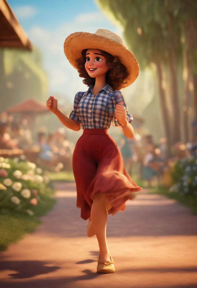 Pixar style image with 3D character white glasses brunette girl short curly hair dressed in plaid shirt and straw hat dancing square dance, Maquiagem Disney,Pescador, bonitinho, sorridente ,fechar-se, Pixar, Disney, Cinema lighting,