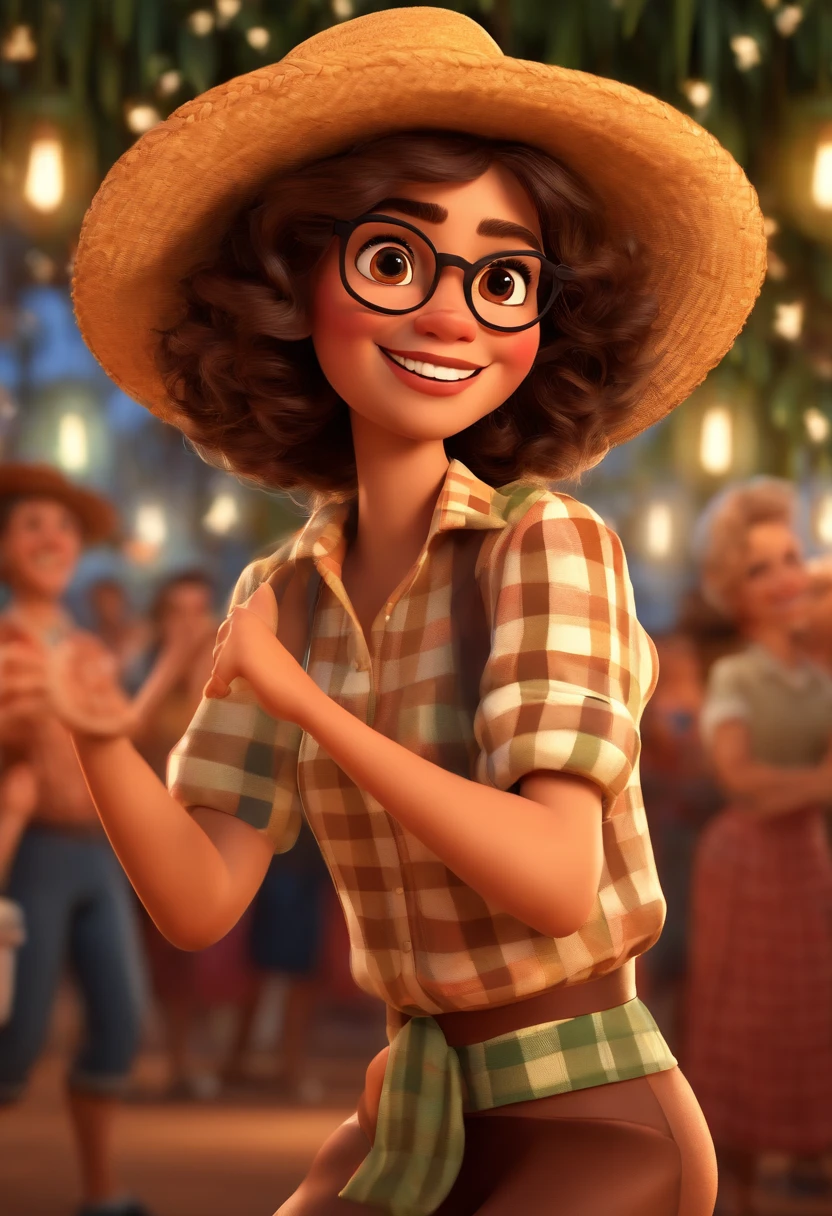 Pixar style image with 3D character white glasses brunette girl short curly hair dressed in plaid shirt and straw hat dancing square dance, Maquiagem Disney,Pescador, bonitinho, sorridente ,fechar-se, Pixar, Disney, Cinema lighting,
