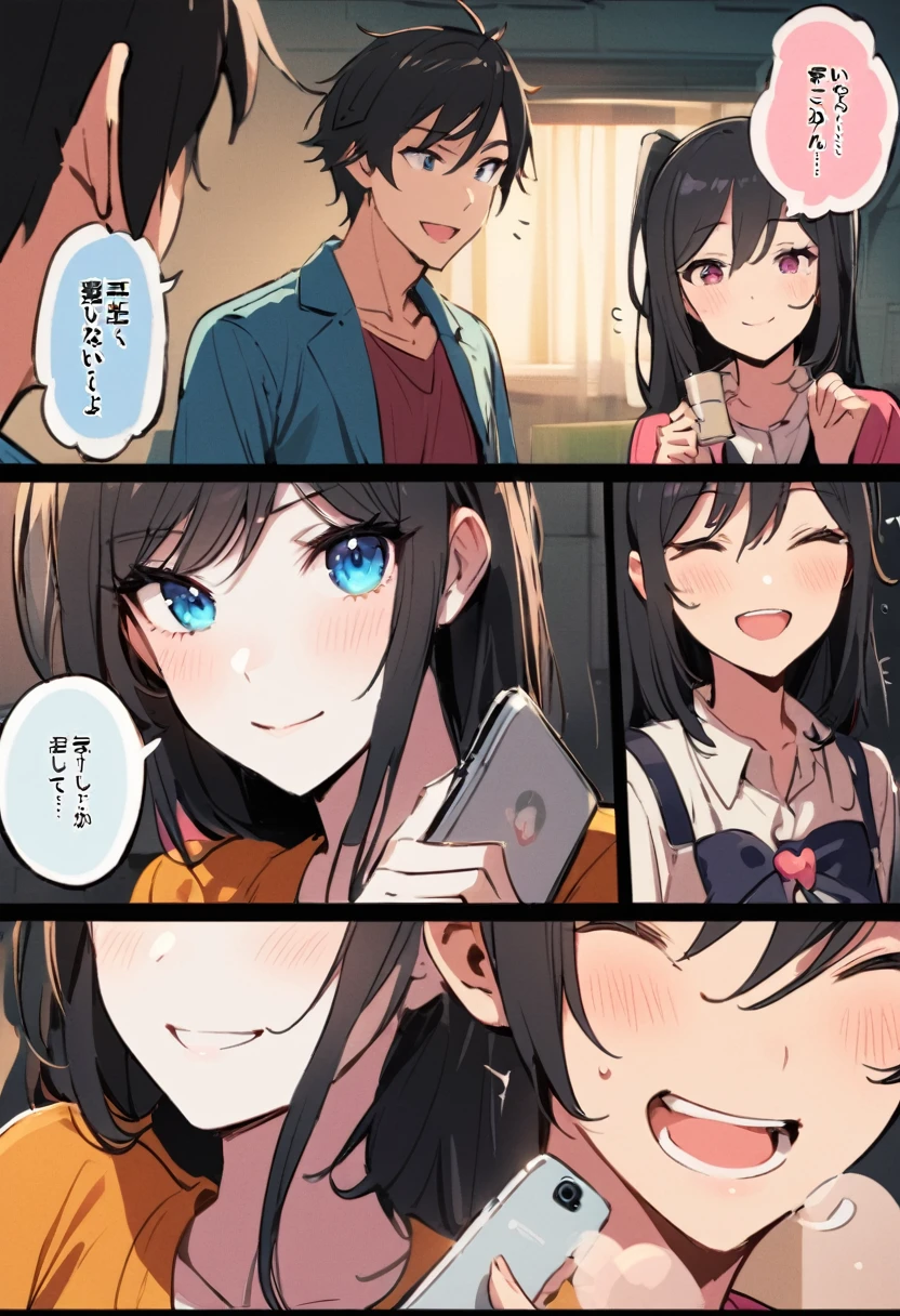 dark - comic style: Panel 1: Adolescence Scene: Two agers exchanging messages on their cell phones. Him: Tall, fair skin, dimpled smile. She: Long, black hair, white skin, smaller than him. Dialogue Bubbles: - Him: "Good morning! I hope you have a great day at school today!" - Her: "Thank you! You always make me smile. :)"