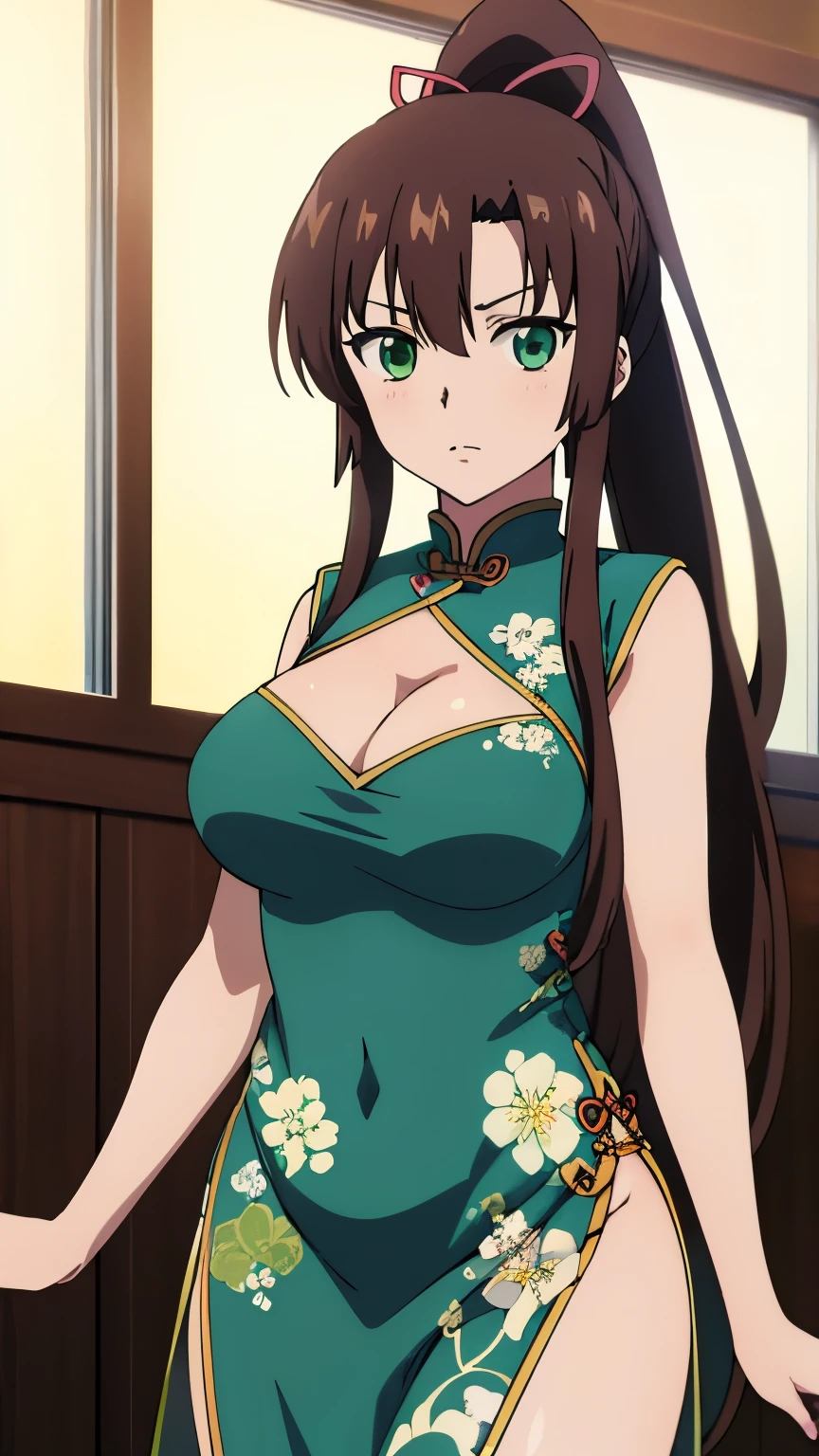 masterpiece, best quality, 8k, anime art style, Kirasaka Sayaka, Dark brown hair, ponytail, hair ribbon, (Chinese dress, cleavage, indoors), looking at the viewer, green eyes, light in the eyes, (big breasts: 0.7), cowboy shot