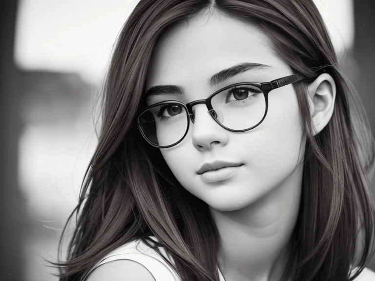 Realistic monochrome photography in 80s style, masterpiece; Cute Russian brown-eyed girl with aesthetic small breasts, 28 years, Beautiful detailed round face, Large shiny realistic dark brown eyes, glasses with lenses, beautiful proportional small wide nose., tired half-smile, Parted plump lips, plump cheeks, Round chin, tanned skin, Slightly wavy brown hair of medium length(Rebellious 80's Rocker Hairstyle), short stature, aesthetic completeness, proportional physique; (whole body, including legs), brown sweater with high collar, sitting at the kitchen table by the window at night, writes intently in a notebook, twilight, desk lamp, a cup of coffee, ashtray, many small environmental details, complex parts, natural light from a lamp, It's dark outside the window, starry sky and moon, High quality textures; Realistic human skin texture (pores, Mimic folds, wrinkles), monochrome image