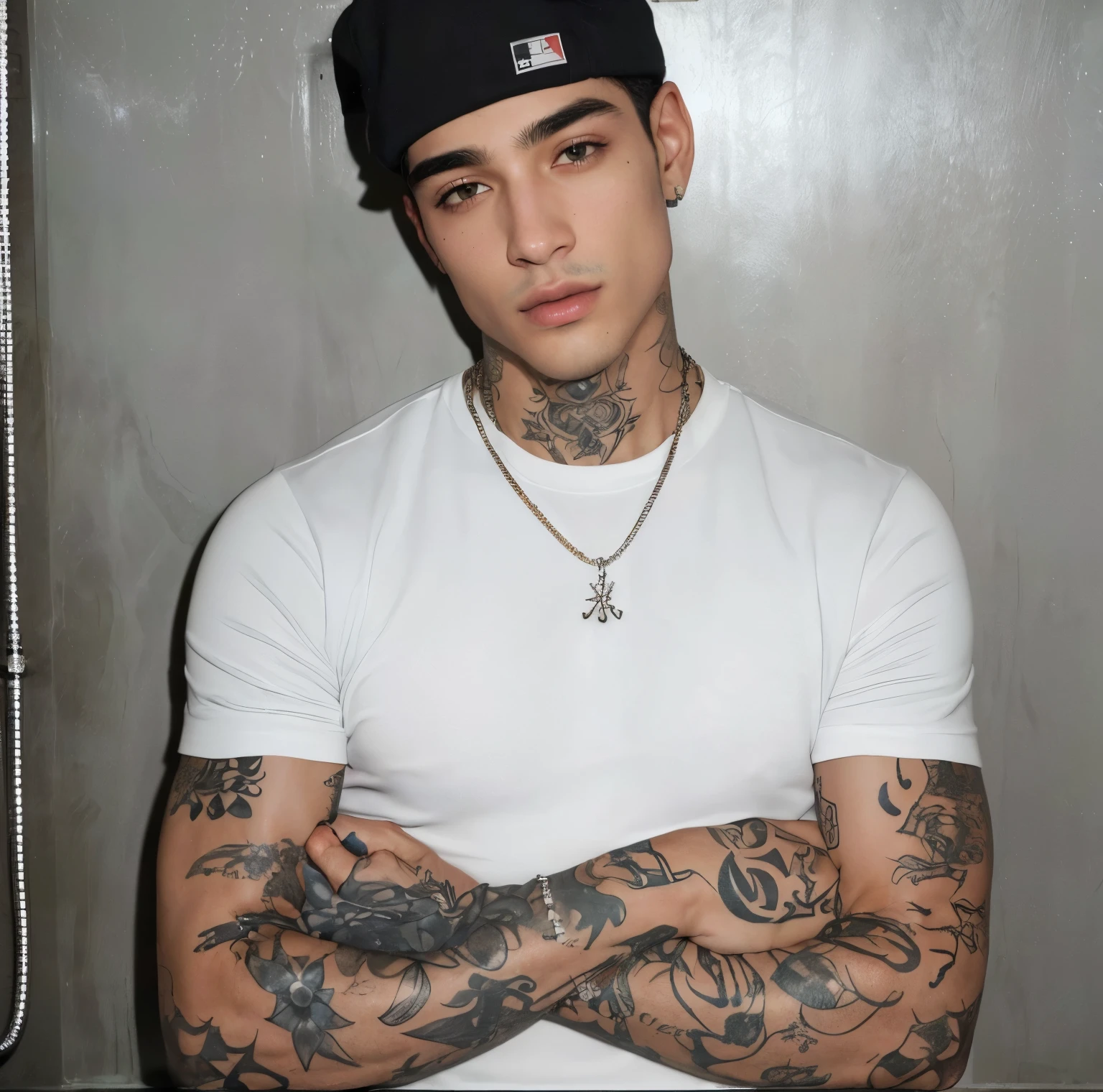 arafed man com tatuagens and a cap standing in front of a shower, com tatuagens, arms covered in gang tattoos, tatuado, Sidney Lugo, taken at the beginning of 2020, André Rios, tatuado, tiroteio, estilo de seb mckinnon, Marco Ariano, vitor maristane, jean deville, Andre Gonzalez, Tony Sandoval, singer maluma