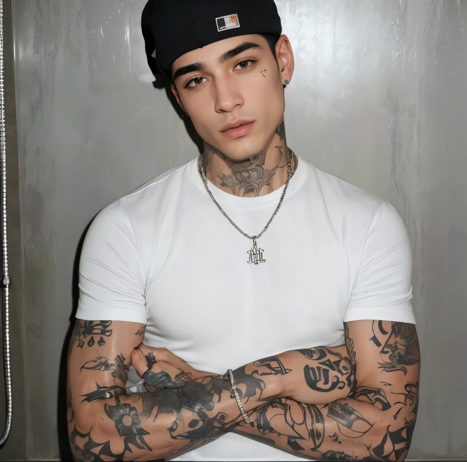 arafed man com tatuagens and a cap standing in front of a shower, com tatuagens, arms covered in gang tattoos, tatuado, Sidney Lugo, taken at the beginning of 2020, André Rios, tatuado, tiroteio, estilo de seb mckinnon, Marco Ariano, vitor maristane, jean deville, Andre Gonzalez, Tony Sandoval, singer maluma