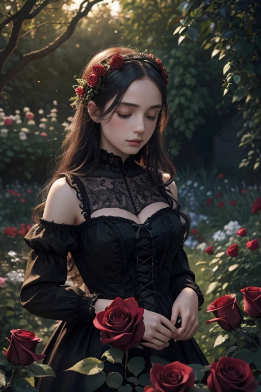 a 18 years old gothic girl in a garden, illustration, detailed red roses, best quality, highres, ultra-detailed, realistic, intricate details, soft lighting, vibrant colors ,bokeh, peaceful atmosphere, serene mood ,tranquil setting, harmony between nature and human presence