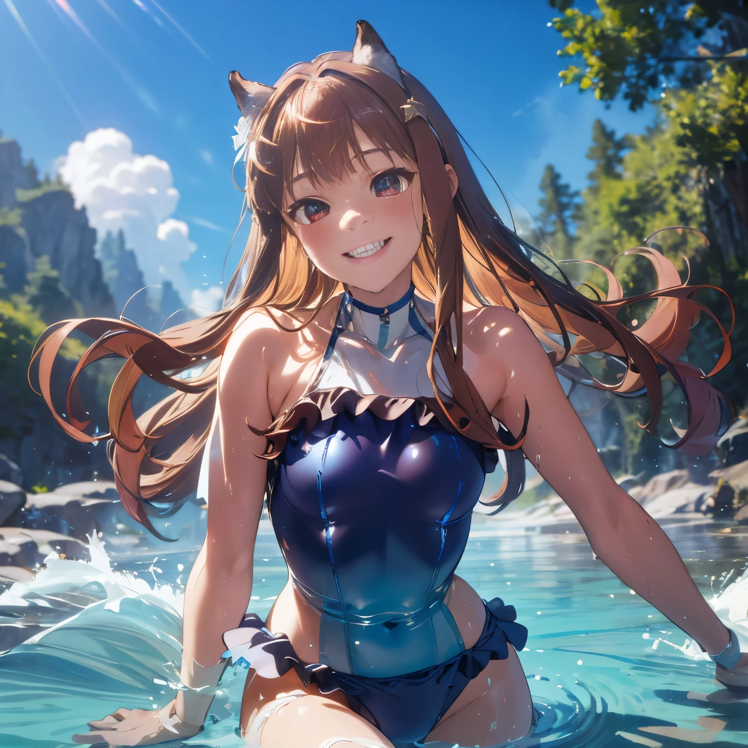 Holo、Blue swimsuit、smile、hair ornaments、Playing in the river、Frills、Spice with wolves、Red Eyes、Light brown hair、Double teeth、Intellectual、23 years old、Calm