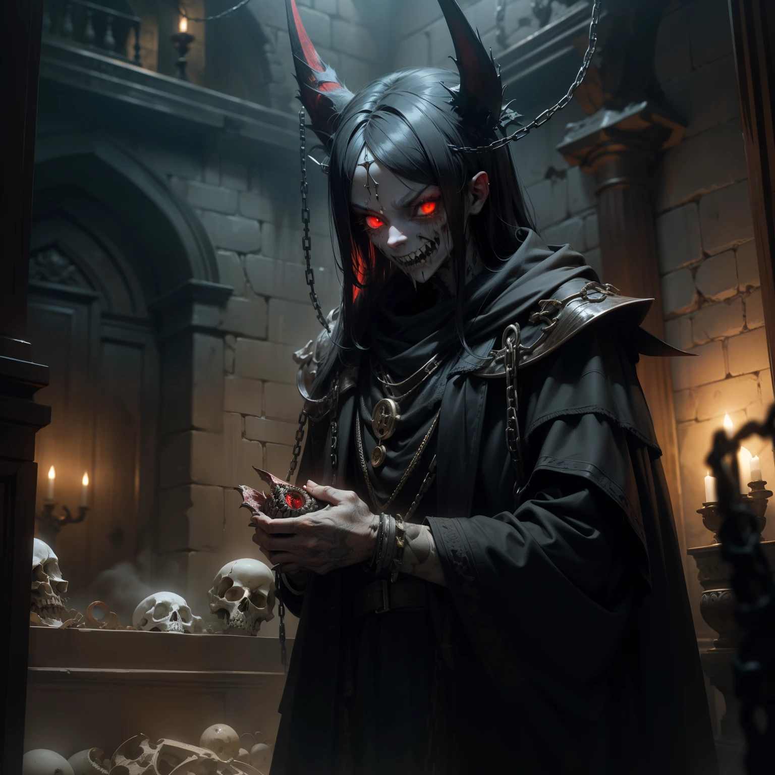 a homicidal manic eye, full of stitched human arms and human bones, com dentes e presas afiadas, is chained in a shadowy environment of the dungeon of the royal castle. In this visual representation of exceptional quality, a IA nos envolve em um ambiente de pesadelo e agonia.
The manic eye is portrayed in a grotesque and macabre manner. He's a freak of stitched human eyes and bones., with sharp, fanged teeth sticking out of the eyelids, conveying a sense of wickedness and horror. Acorrentado e aprisionado na masmorra do castelo, He displays an expression of madness and insanity. AI recreates every detail of the manic eye, From its features to the disturbing details.
The dungeon environment is recreated with a wealth of detail. Paredes de pedra fria, rusty chains and elements of darkness make up the scenery, criando uma atmosfera de desespero e agonia. O escuro, Restrained lighting enhances details and intensifies the feeling of oppression.
The color palette chosen by the AI enhances the dark and grotesque atmosphere of the scene. Tons de Preto, Gray and deep red elements make up the composition, highlighting the manic eye and its distorted appearance. Lighting is used to create shadows and highlights that add to the atmosphere of horror and agony.
