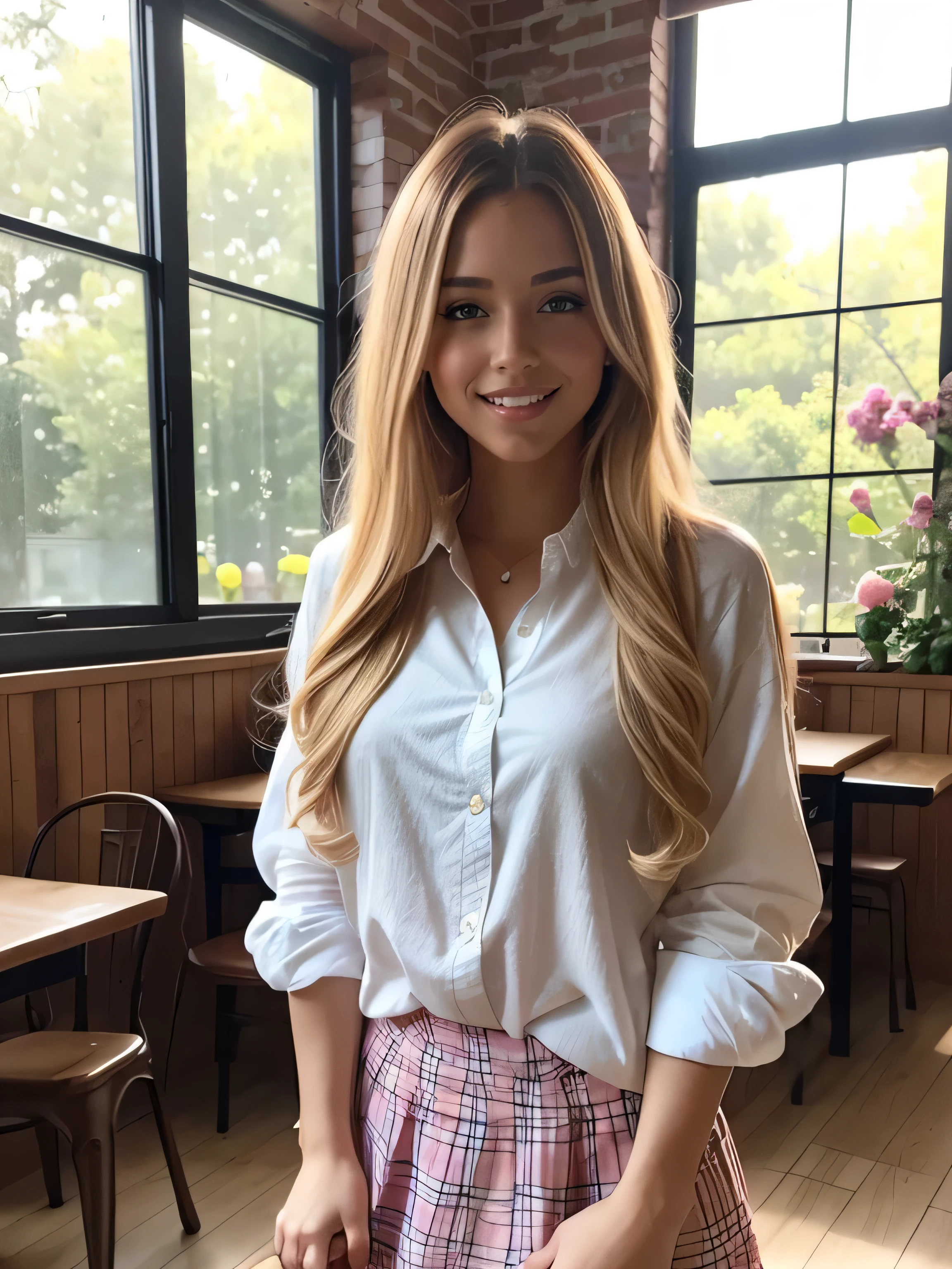 (highest quality,4K,8k,High resolution,masterpiece:1.2),Super detailed,(Realistic,photoRealistic,photo-Realistic:1.37),Beautiful and cute 18-year-old female student wearing a sexy high ,girl,garden,Beautiful views,Soft sunlight,A book in her hand,Laugh brightly,Bright expression,Blonde Hair,blue eyes,Long Curly Hair,She has a pink ribbon in her hair,White blouse,Checkered short skirt,tall white socks,Black Loafers,Stylish backpack,Cafeteria Background,Students eating lunch,A table with colorful food trays,Juicy burgers,Fresh sandwiches,Crispy French Fries,salad,Fruit bowl,A variety of refreshing drinks,glass windows overlooking green gardens and blooming flowers,Vibrant colors,Pastel Tones,Picturesque style,Soft brushwork,Dreamy atmosphere,Playful lighting,Sunlight streaming through the window,Create beautiful patterns on walls and floors,Long straight hair_Hair reaching down to the waist、((Place your left hand gently on your chin,right hand holding chest:1.3)),