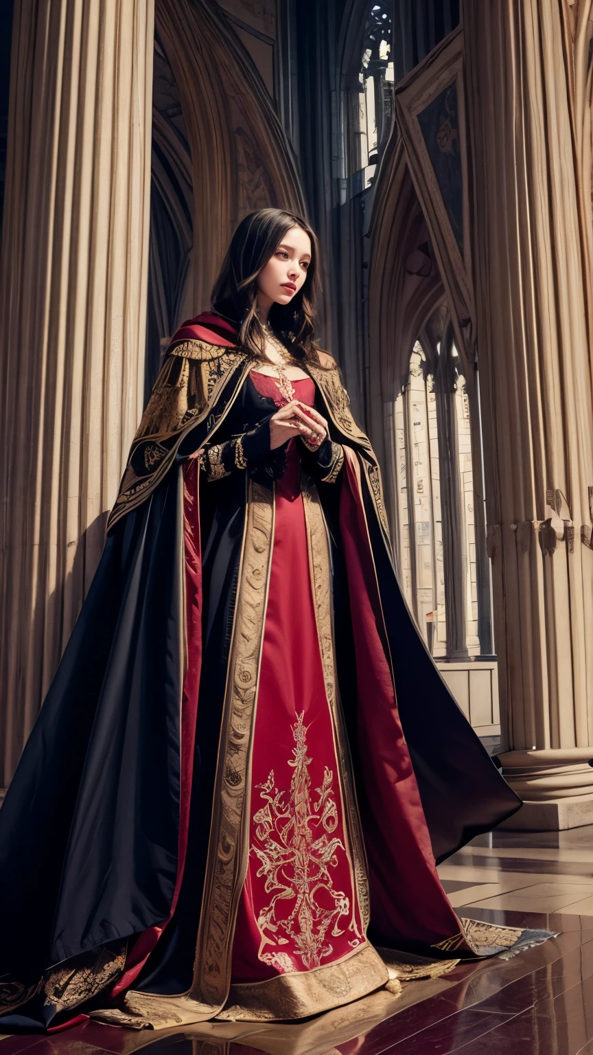 abstract style renaissance elegance: gothic architecture, ornate robes with intricate embroidery, red rose emblem on cloak, non representational, colors and shapes, expression of feelings, imaginative, highly detailed